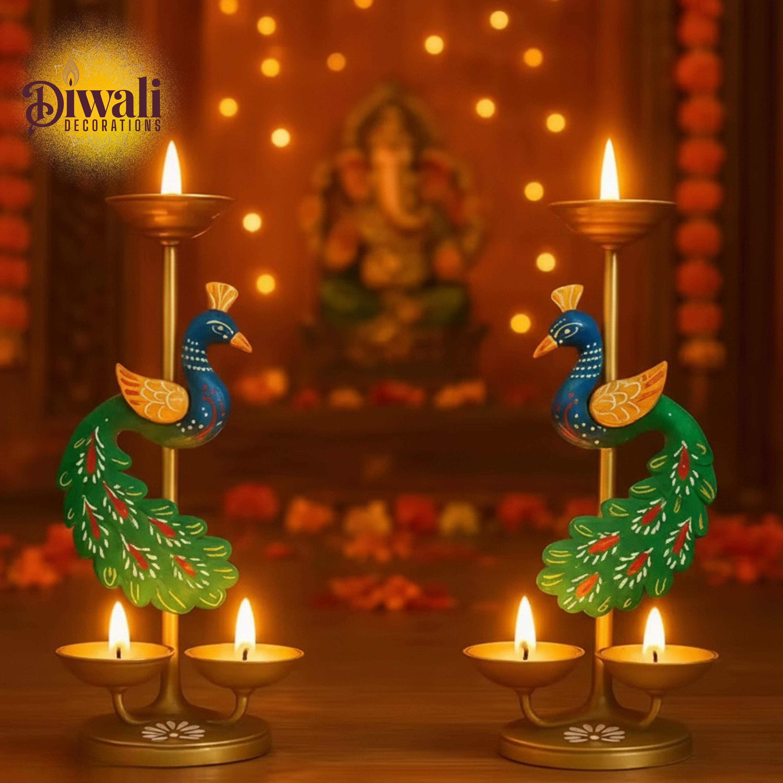 Premium Peacock Candle Holder Diya Stand (9 Inch, Set of 2) — Auspicious Diwali Decorations