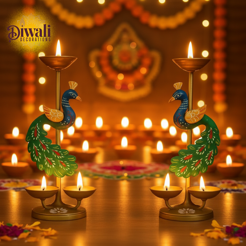 Premium Peacock Candle Holder Diya Stand (9 Inch, Set of 2) — Auspicious Diwali Decorations