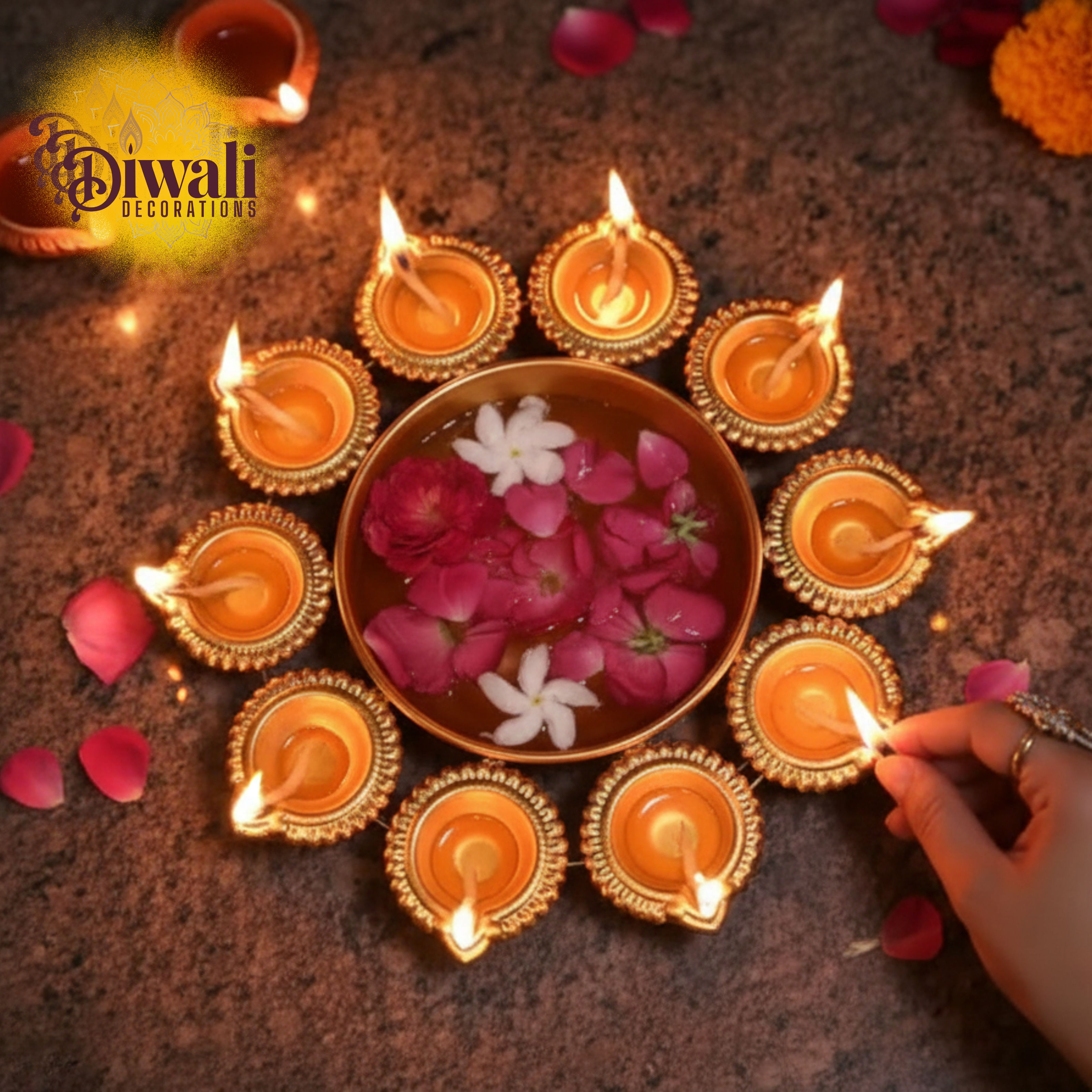 Metal Diya Urli Bowl with Lotus Diya (Set Of 2) — Golden Centerpiece for Diwali Decorations