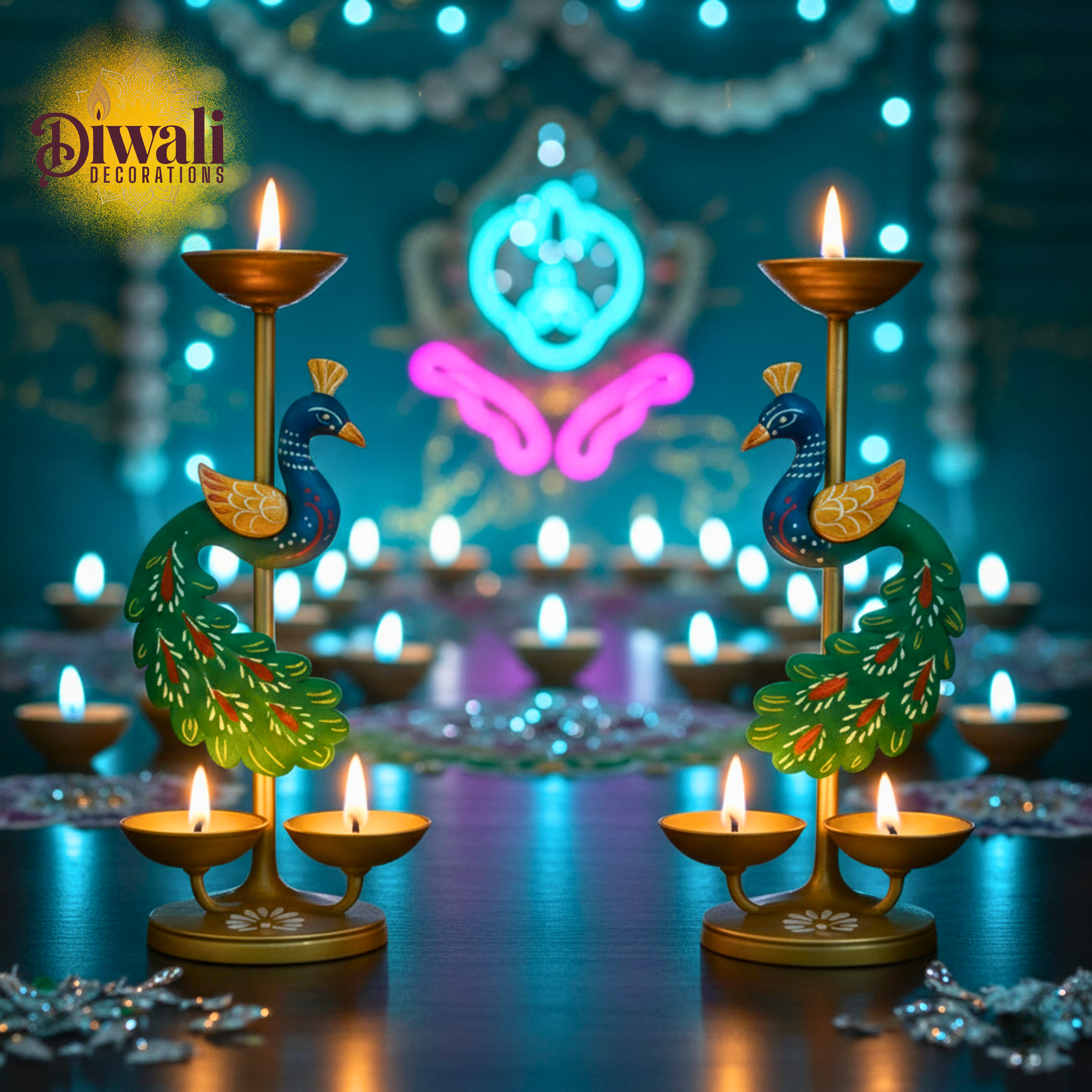 Premium Peacock Candle Holder Diya Stand (9 Inch, Set of 2) — Auspicious Diwali Decorations