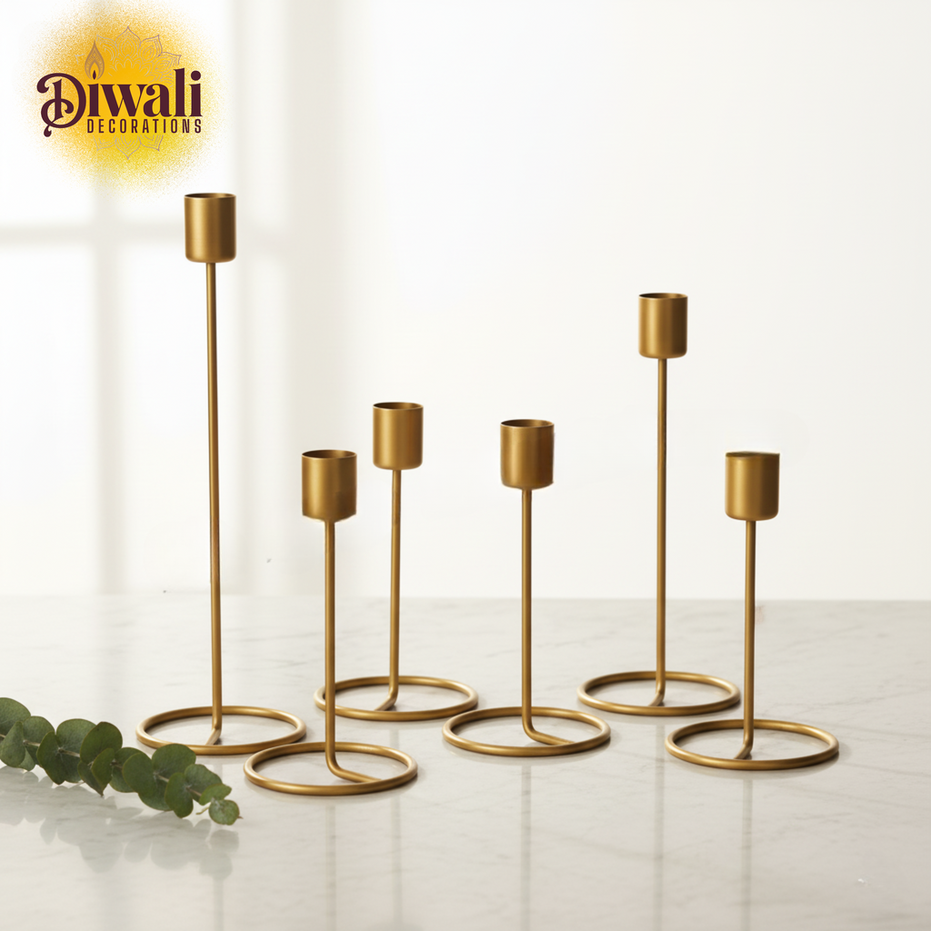 Set of 6 Candle Stick Diya Holders – Golden Home Decor & Diwali Decorations