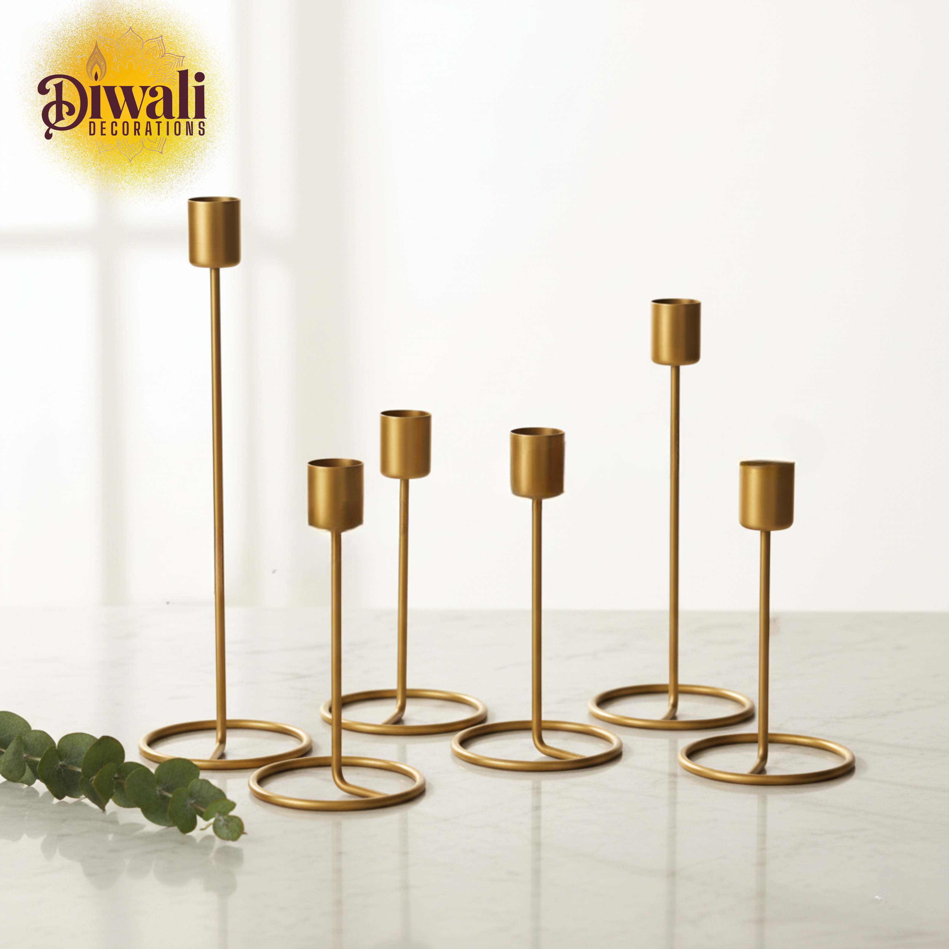 Set of 6 Candle Stick Diya Holders – Golden Home Decor & Diwali Decorations