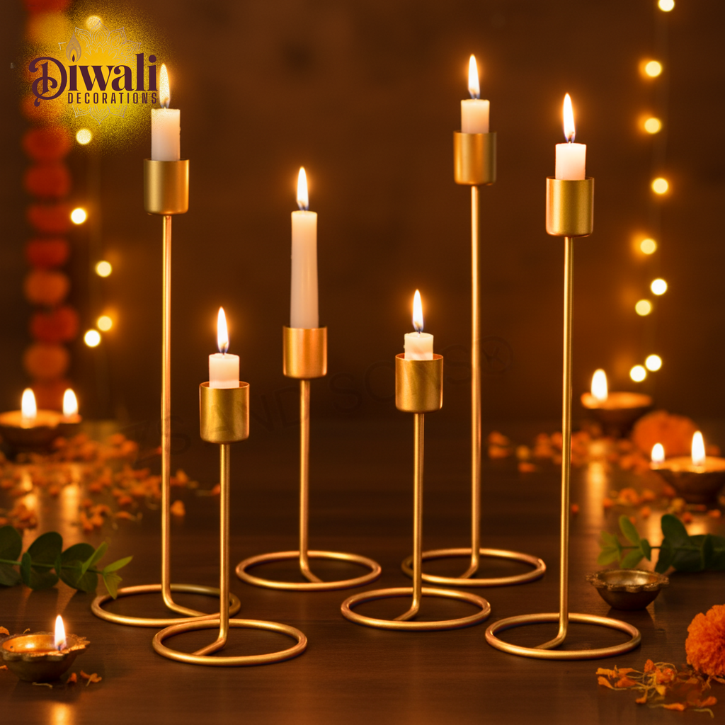 Set of 6 Candle Stick Diya Holders – Golden Home Decor & Diwali Decorations