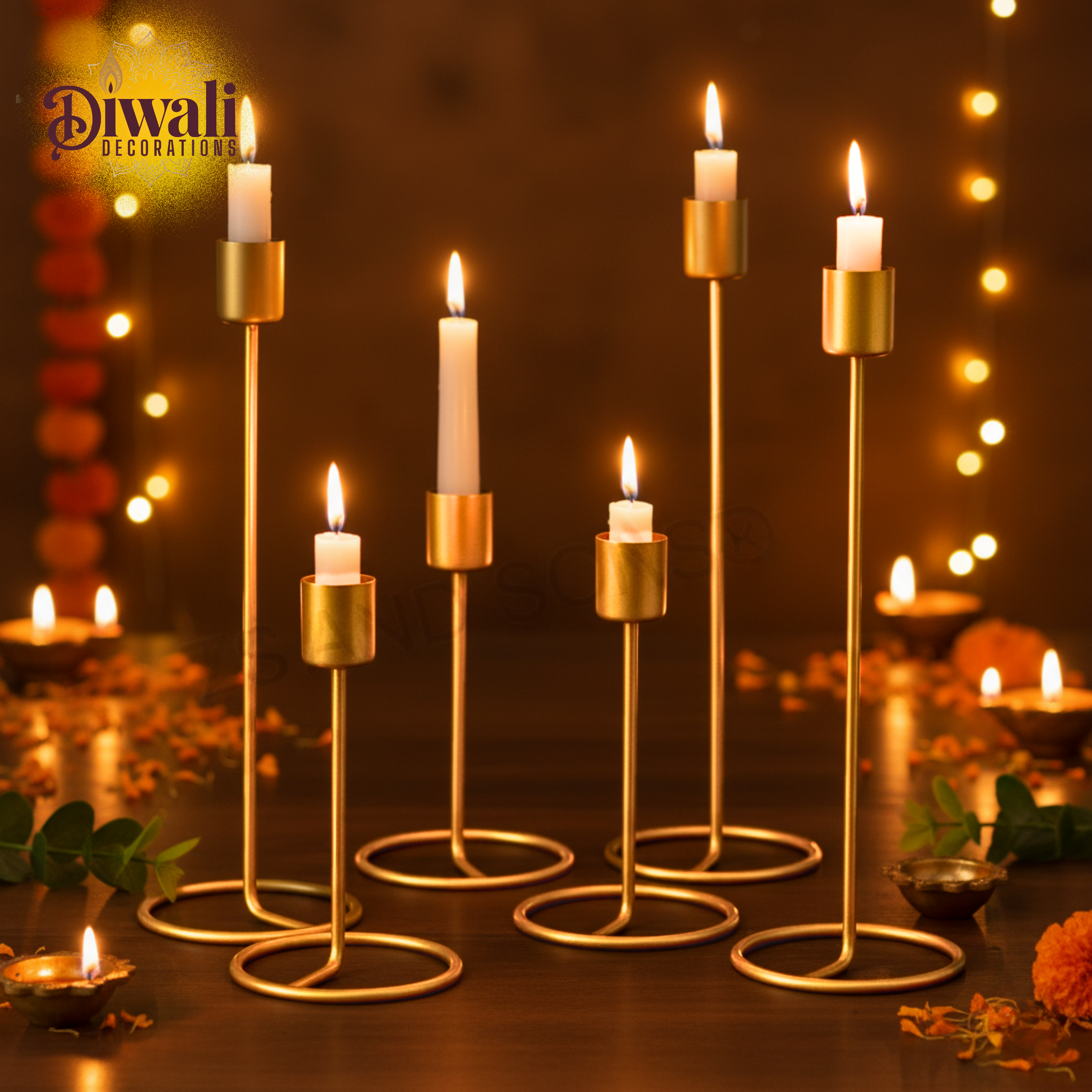 Set of 6 Candle Stick Diya Holders – Golden Home Decor & Diwali Decorations