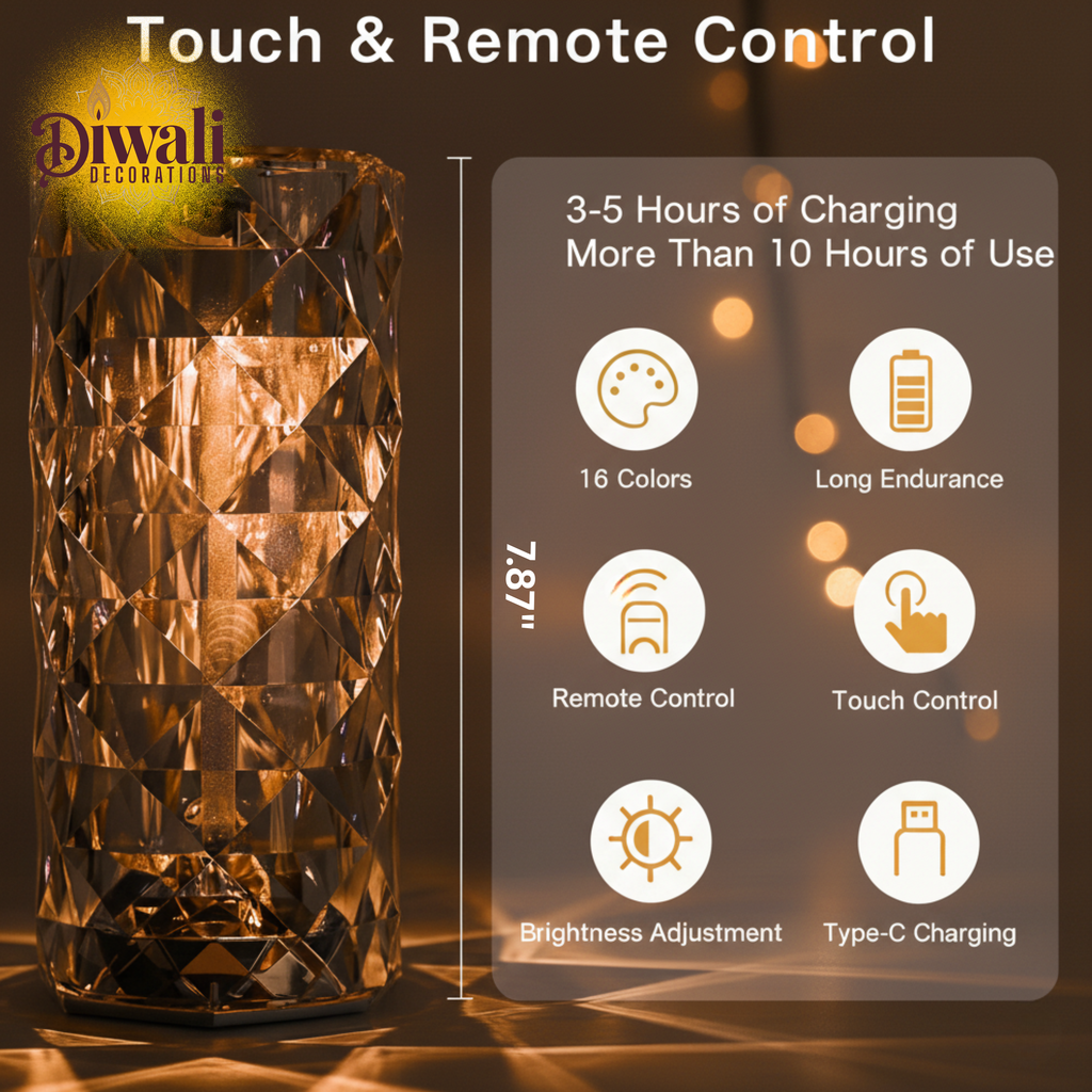 Decorative lamp with charging and usage information on a brown background
