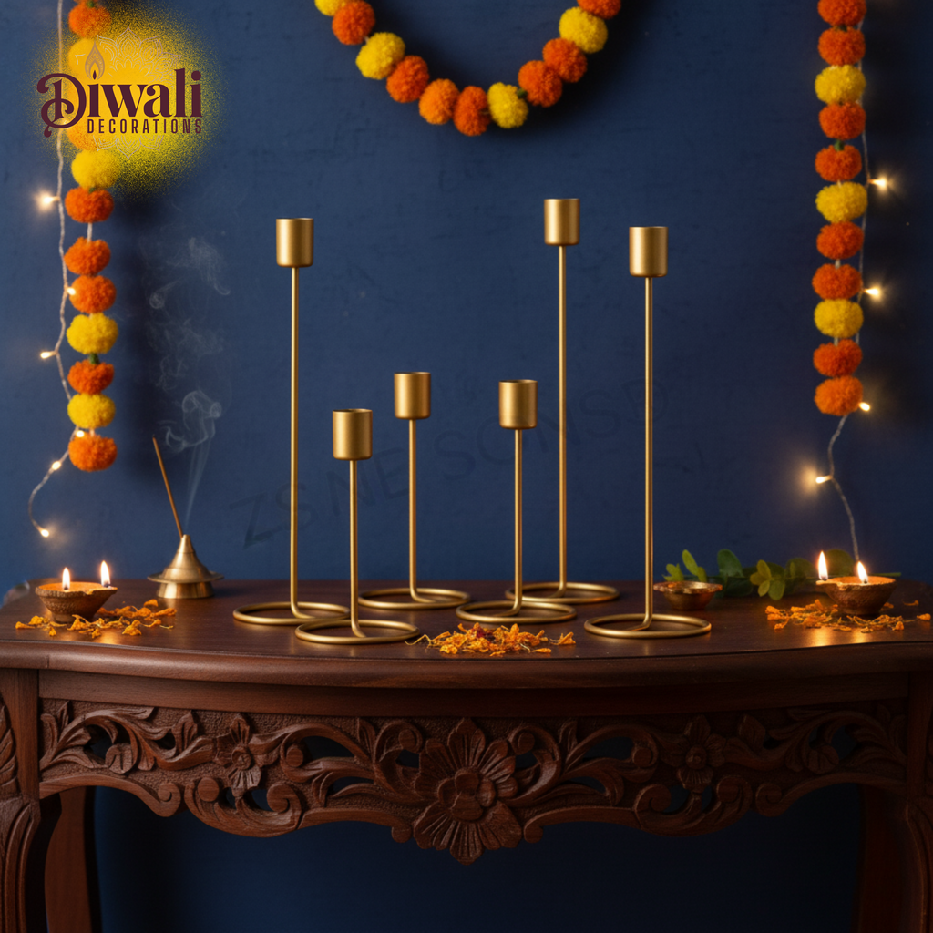 Set of 6 Candle Stick Diya Holders – Golden Home Decor & Diwali Decorations