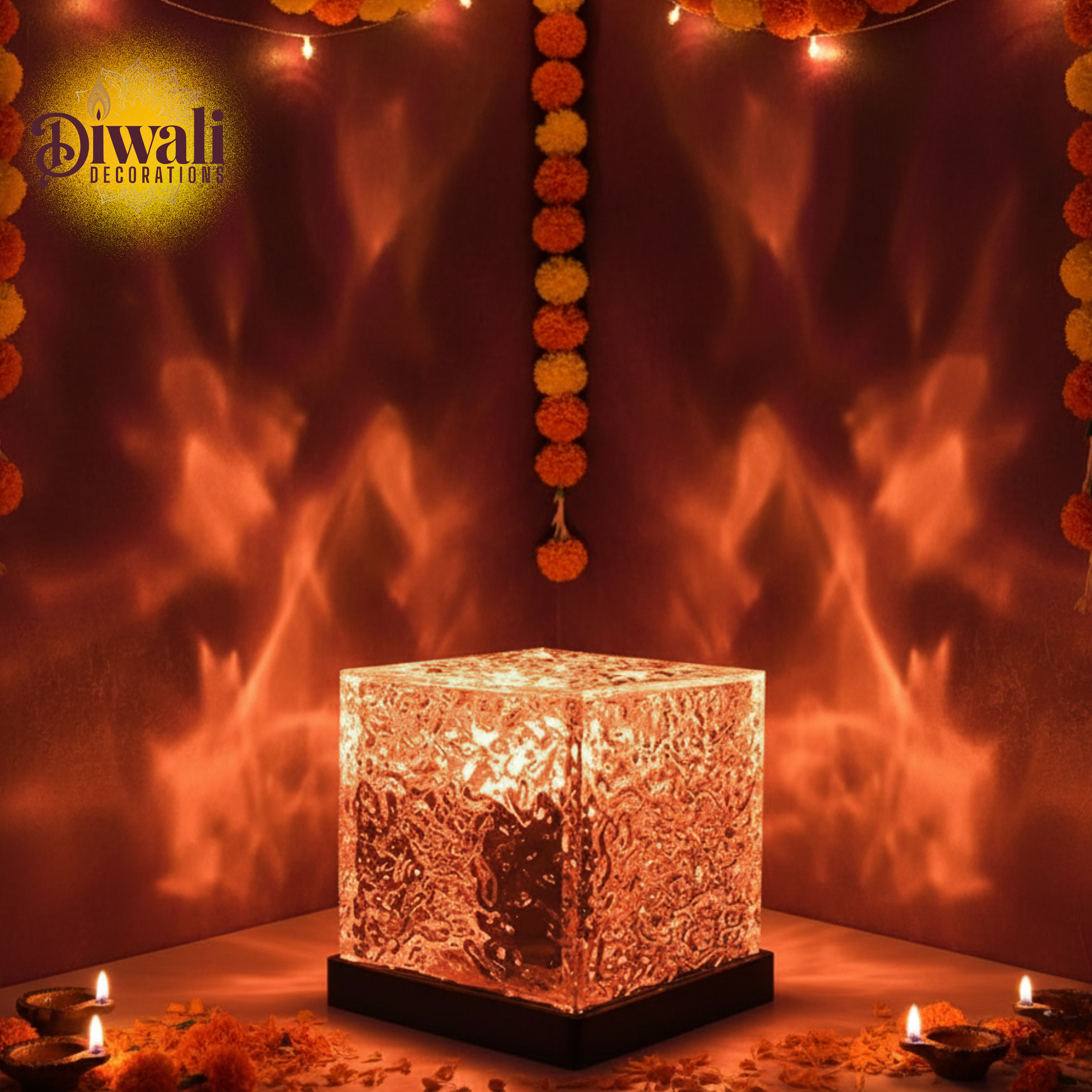 Decorative Diwali lamp with flowers and lights on a dark background