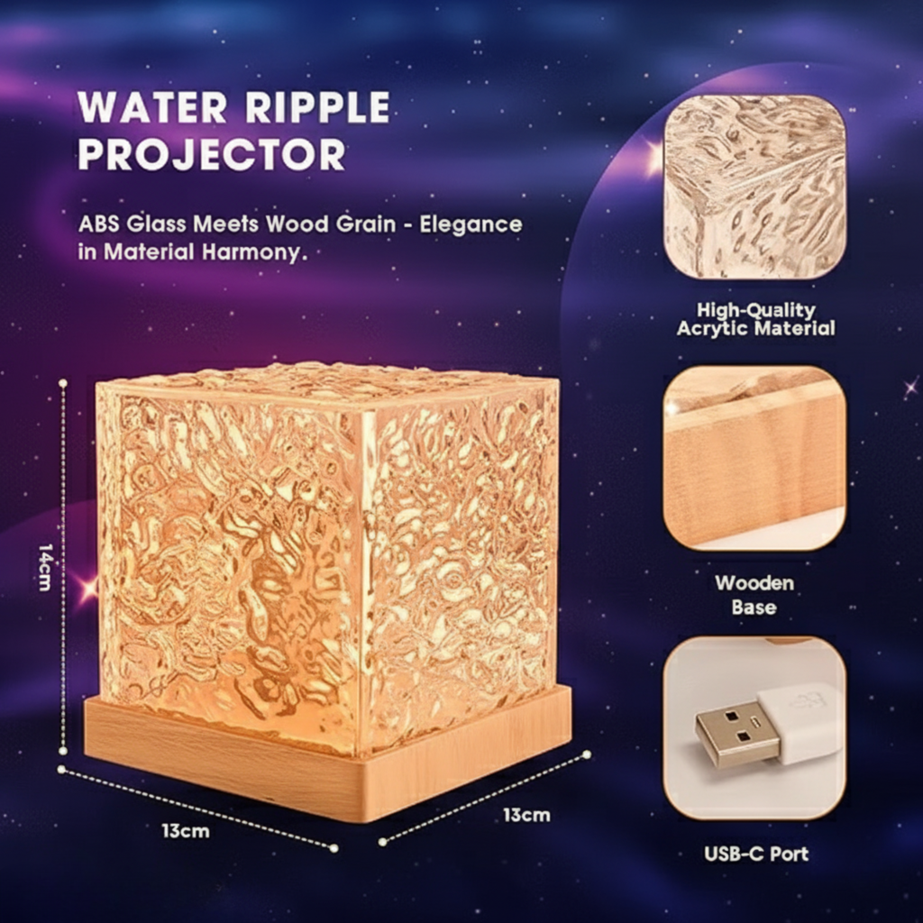 Water ripple projector with wood grain design on a dark space-themed background