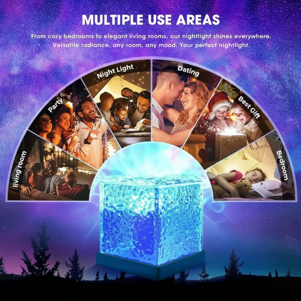 Multifunctional night light with various use scenarios on a purple gradient background