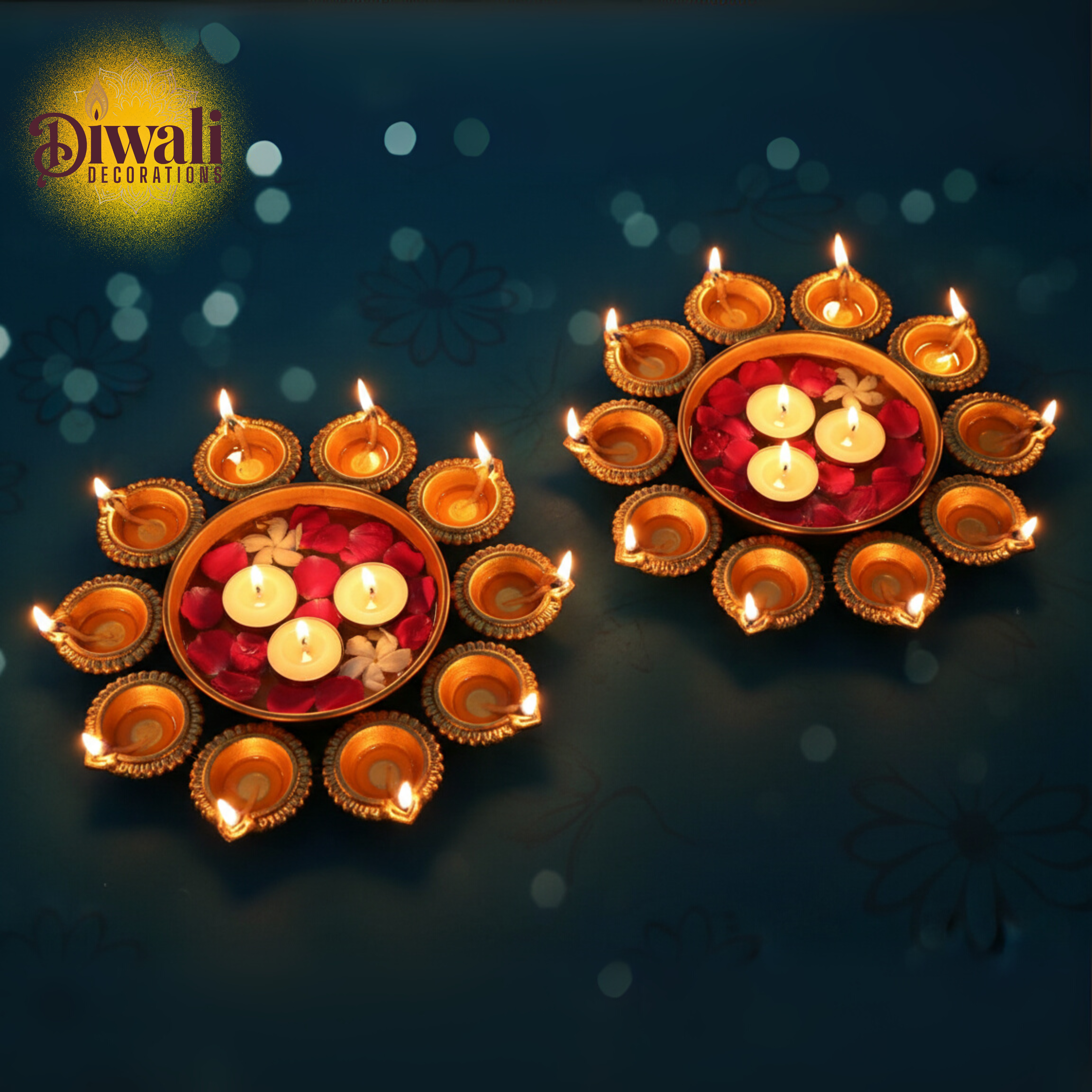 Metal Diya Urli Bowl with Lotus Diya (Set Of 2) — Golden Centerpiece for Diwali Decorations