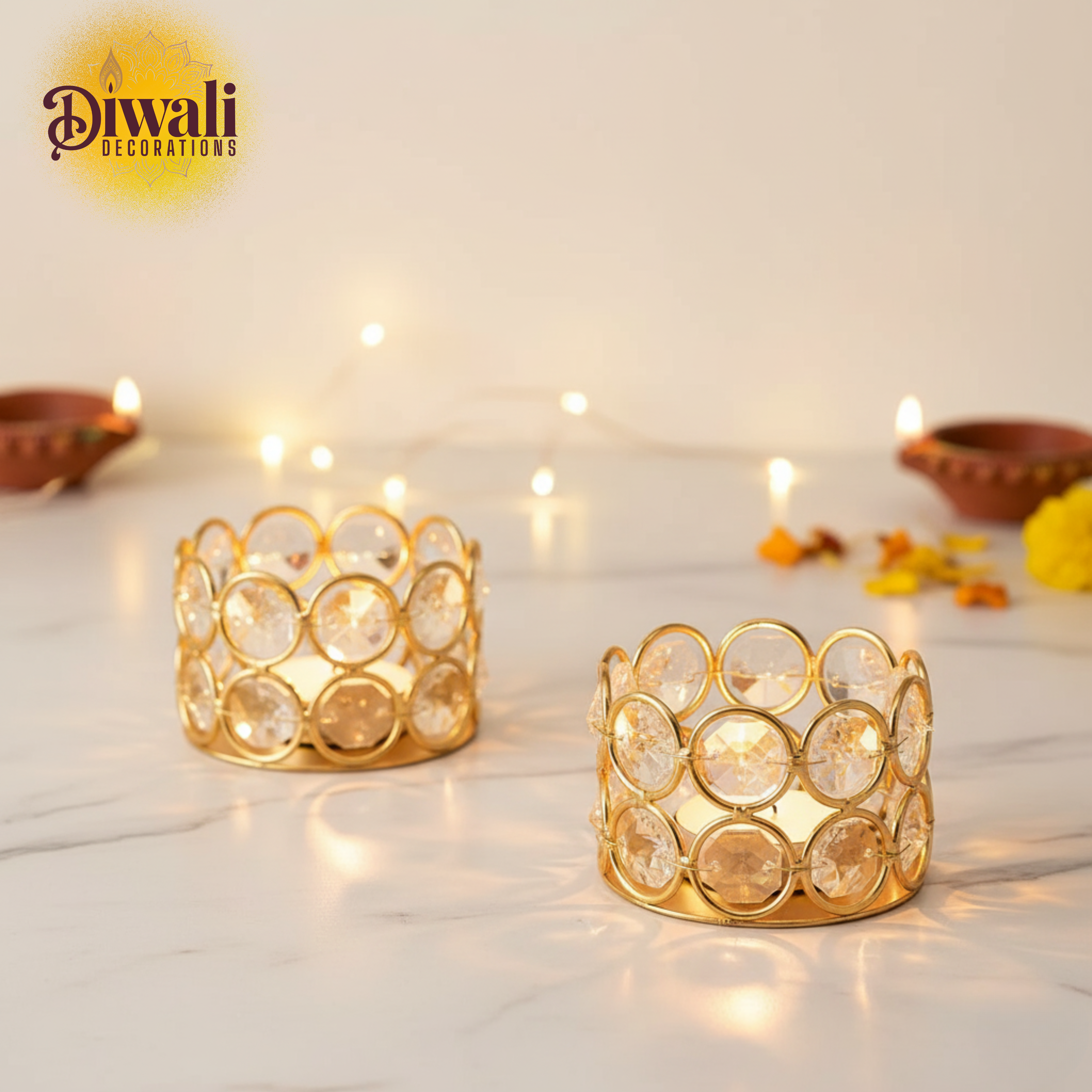 Metal Crystal Candle Holder (Set of 2) – Small Tealight Candle Holders for Indoor & Outdoor