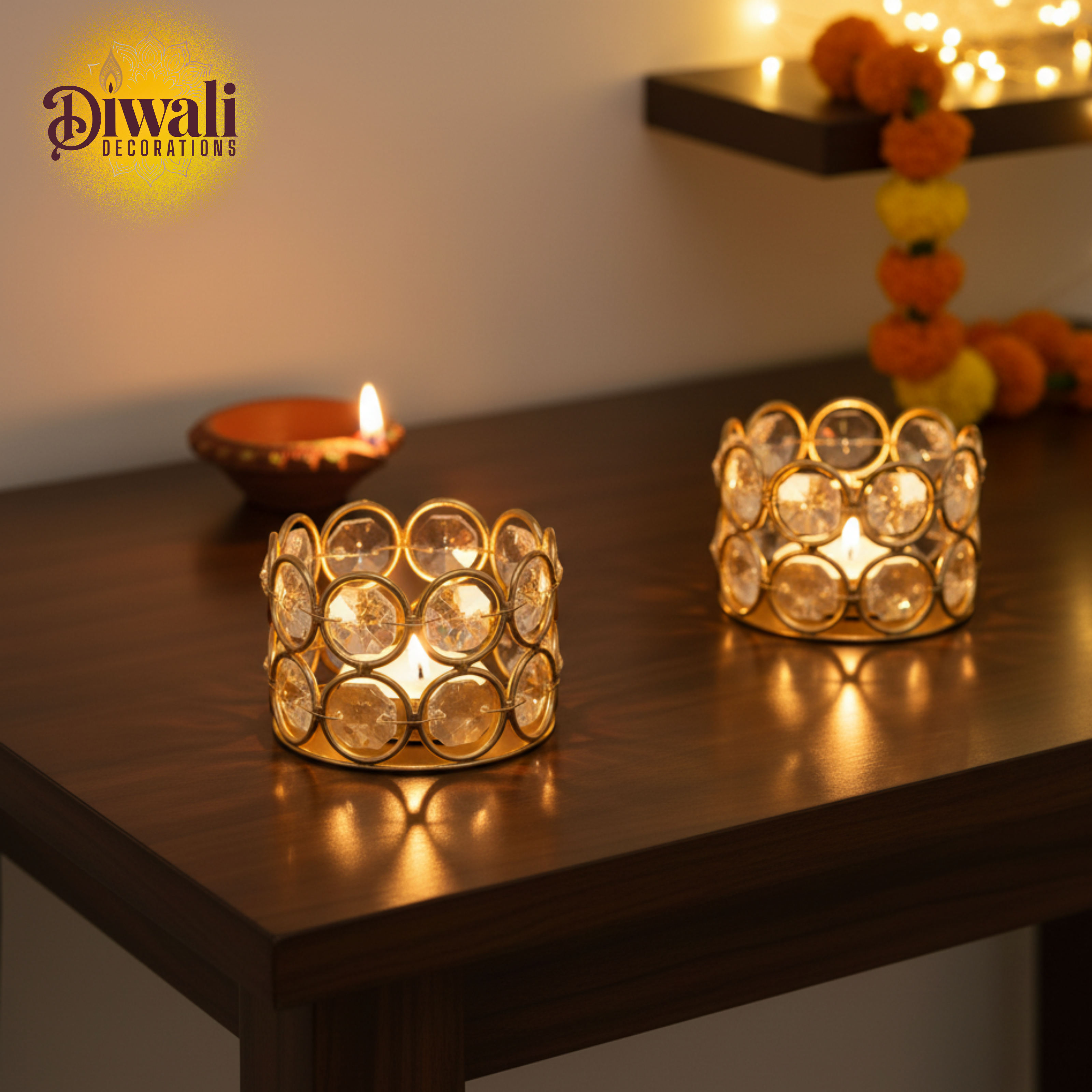 Metal Crystal Candle Holder (Set of 2) – Small Tealight Candle Holders for Indoor & Outdoor