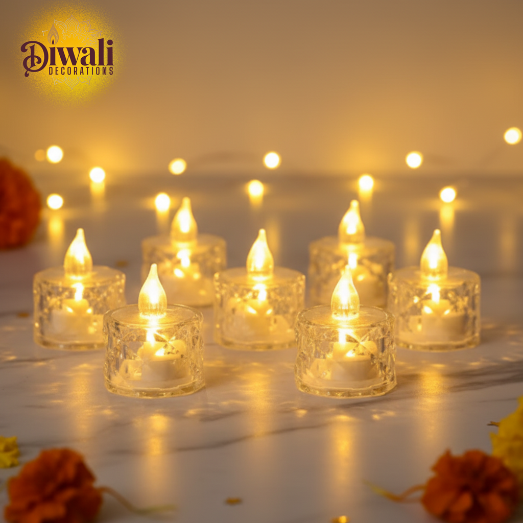 6 Pc Crystal Acrylic Flameless and Smokeless LED Tealight Candles – Battery Operated Yellow Diwali Decorations