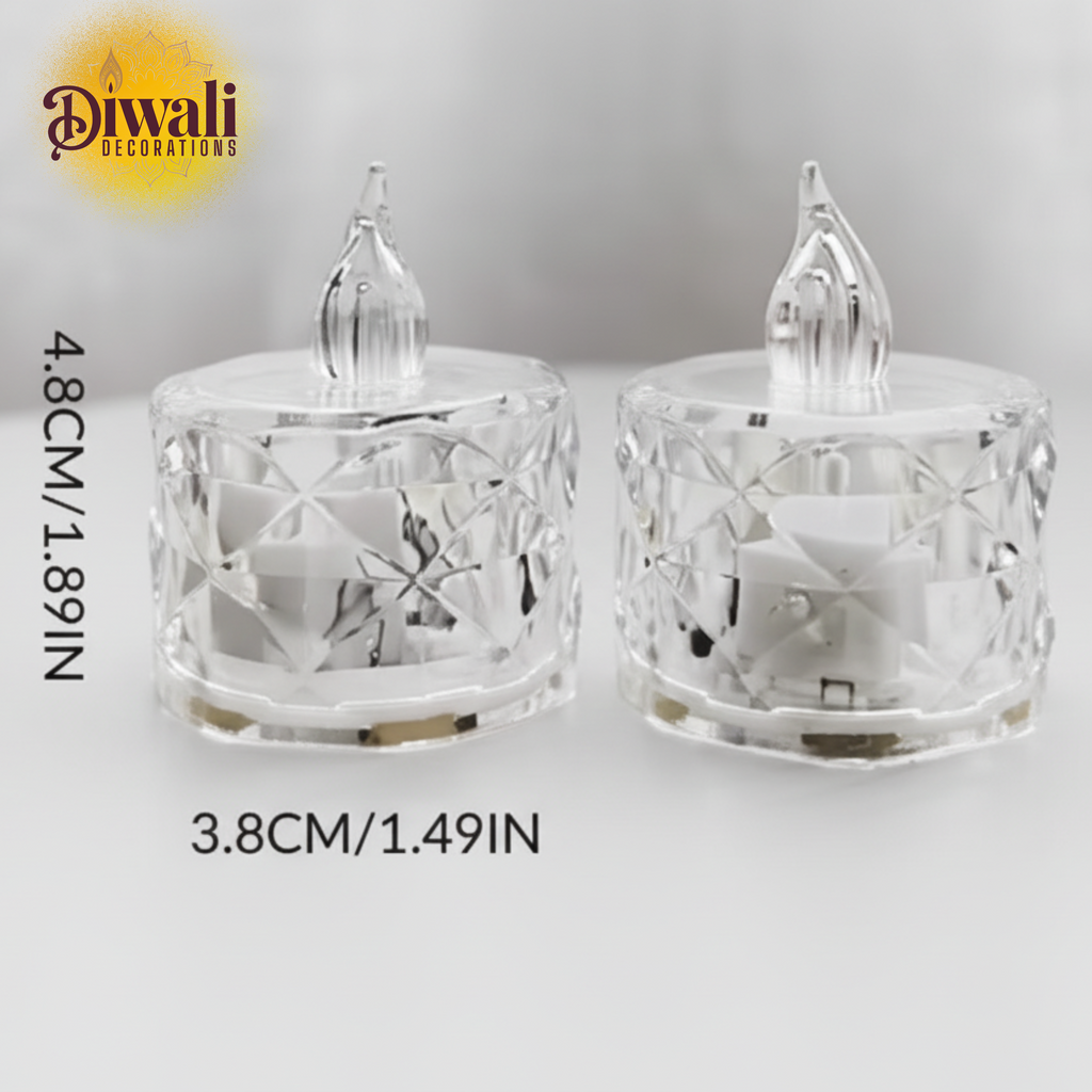 6 Pc Crystal Acrylic Flameless and Smokeless LED Tealight Candles – Battery Operated Yellow Diwali Decorations