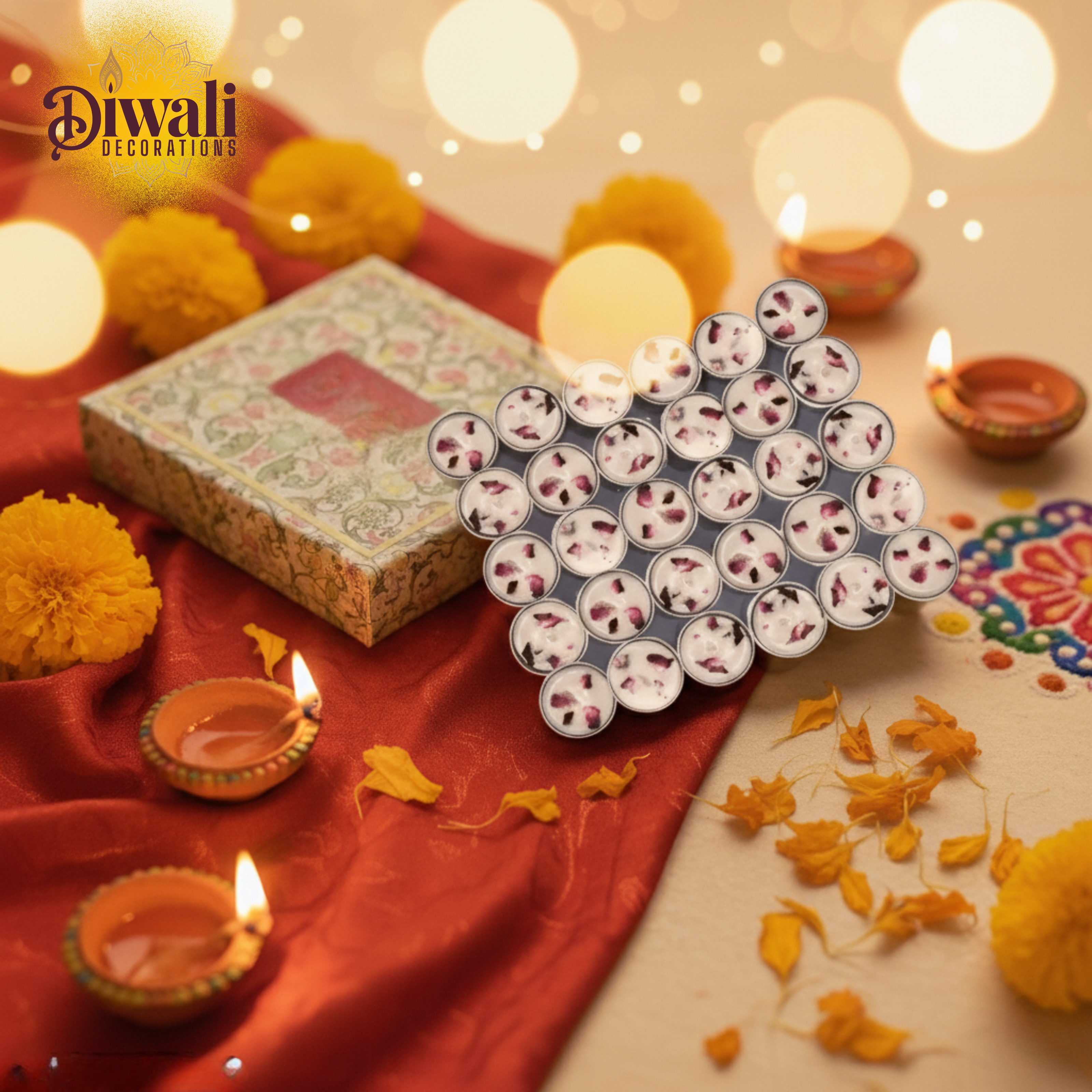 Decorative setup for Diwali with candles, flowers, and a decorative box on a red fabric background.
