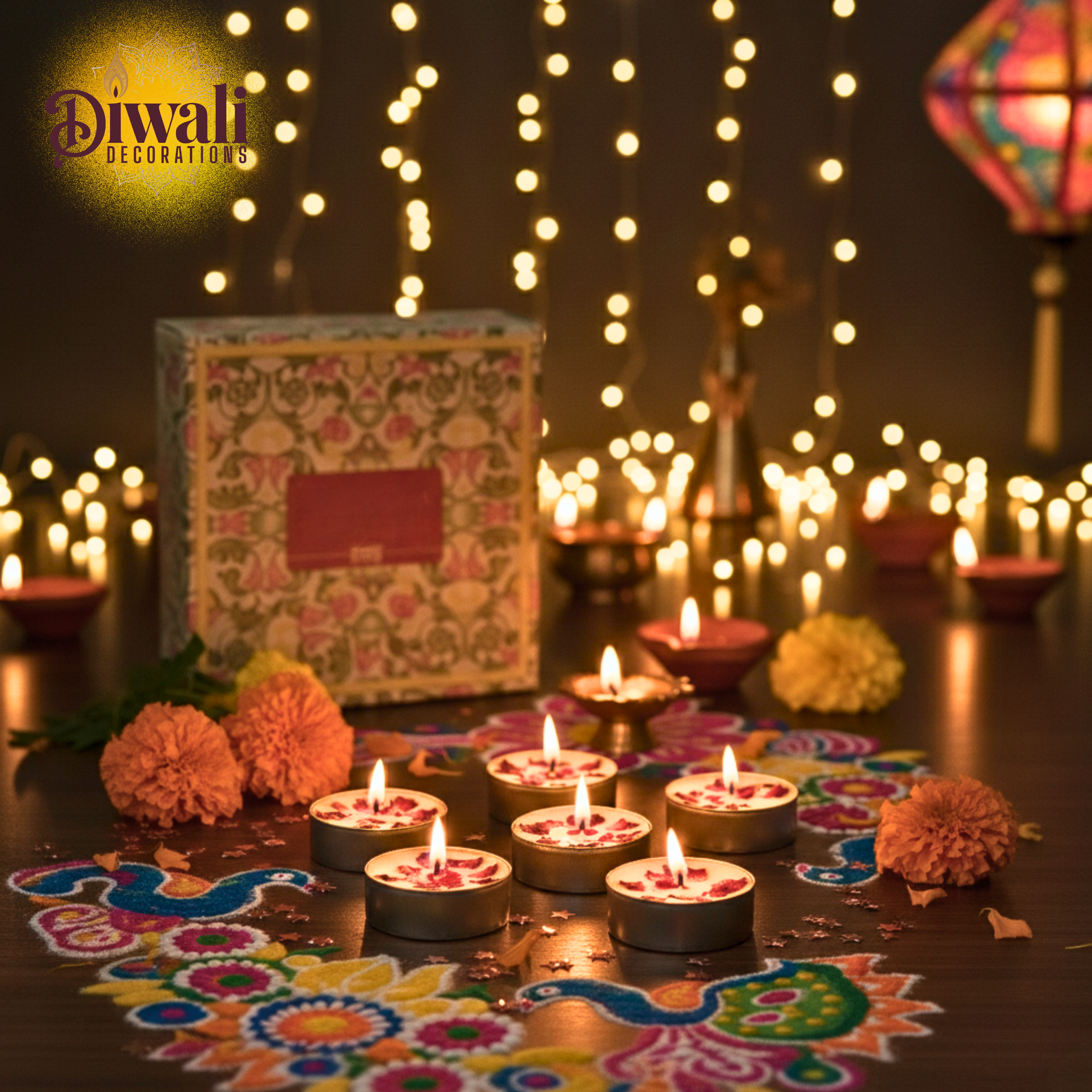 Diwali decorations with candles, rangoli, and decorative lights on a dark background.