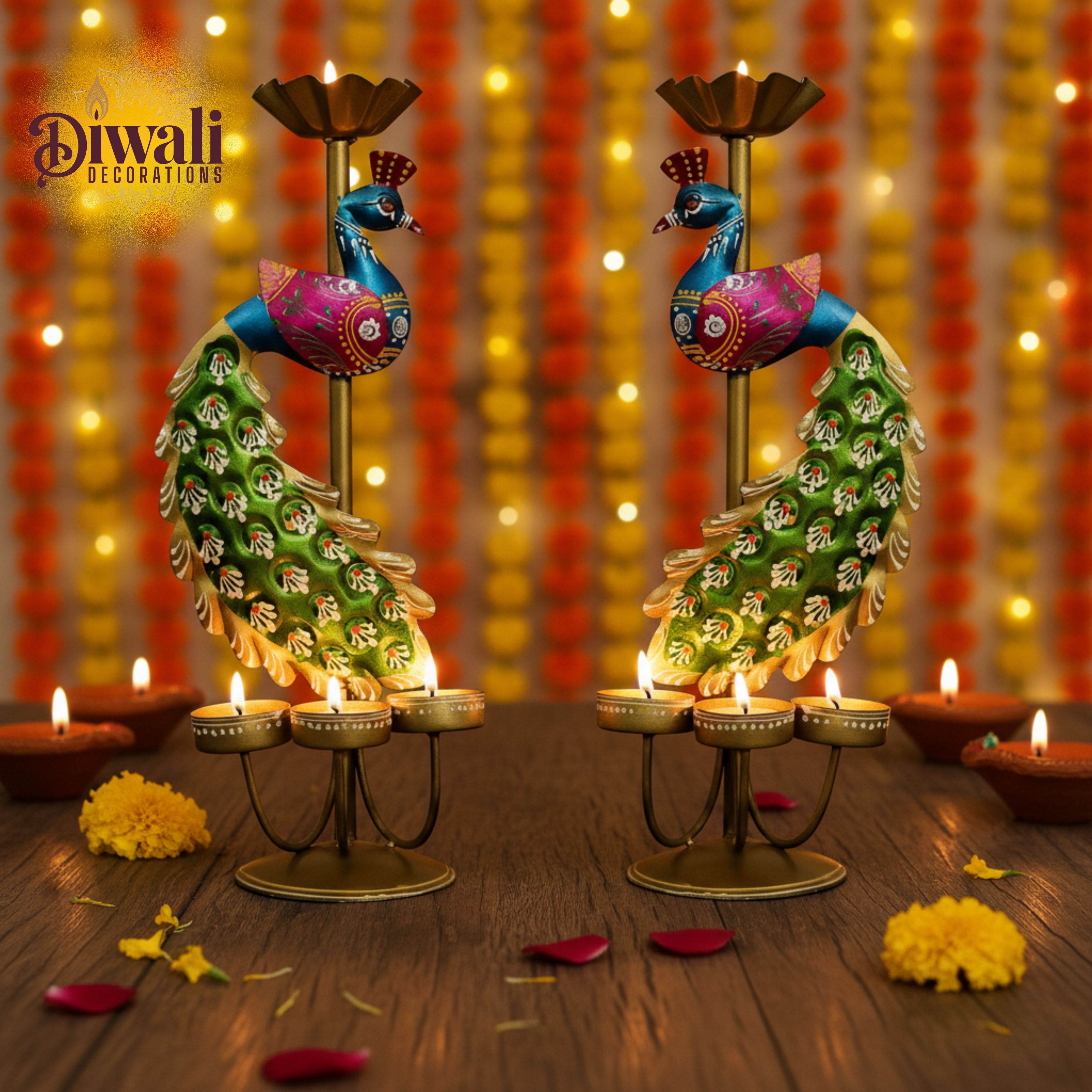 BIG Peacock Dhoop Holder Showpiece Combo Set (13 Inch, Pk-2) - Diwali Decorations