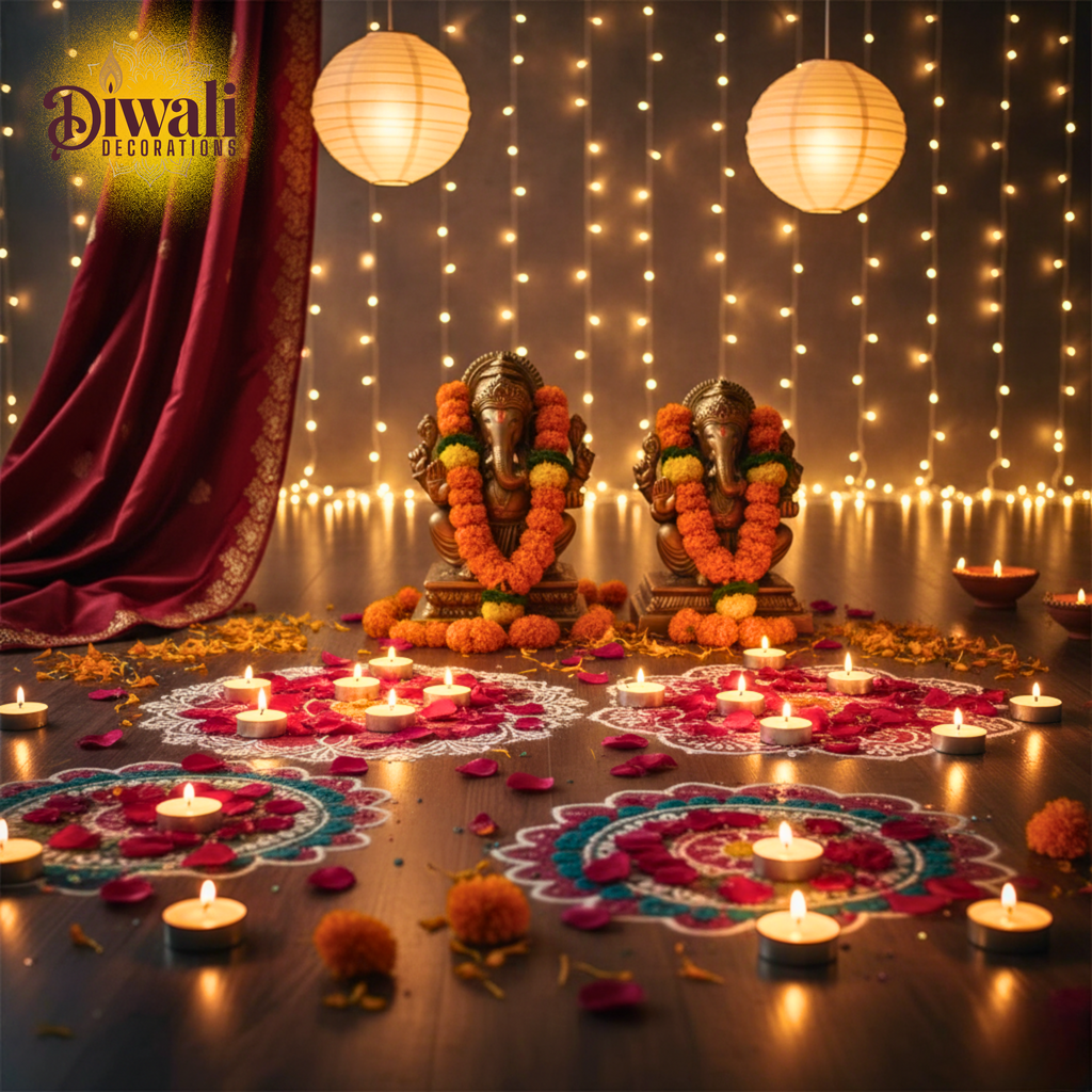 Decorative setup for Diwali with statues, candles, and lights.