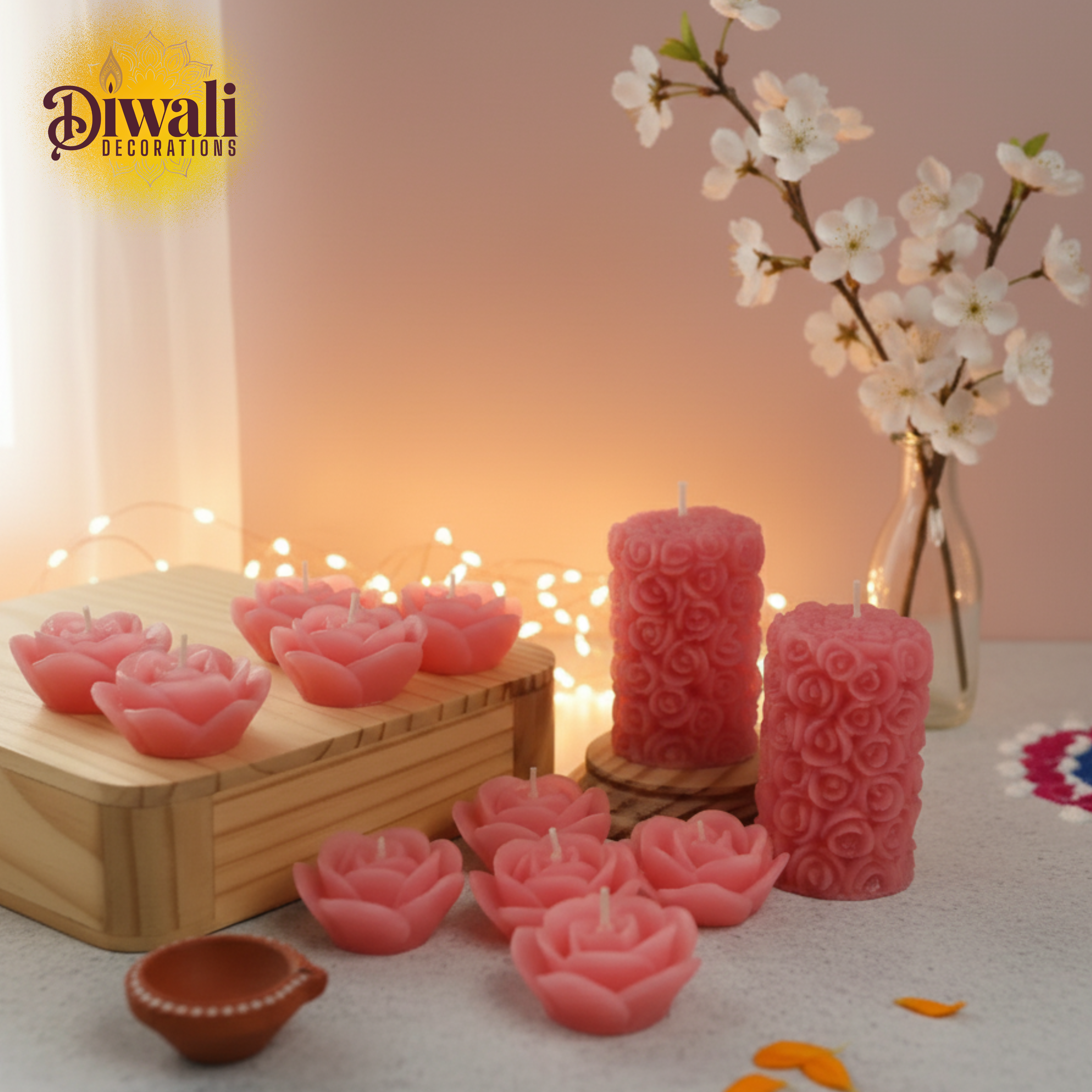 Decorative candles and Diwali decorations on a table with a soft focus background.