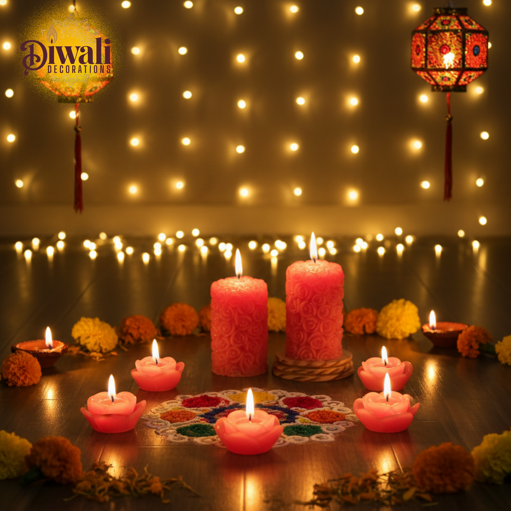 Diwali decorations with candles, flowers, and string lights on a wooden surface.
