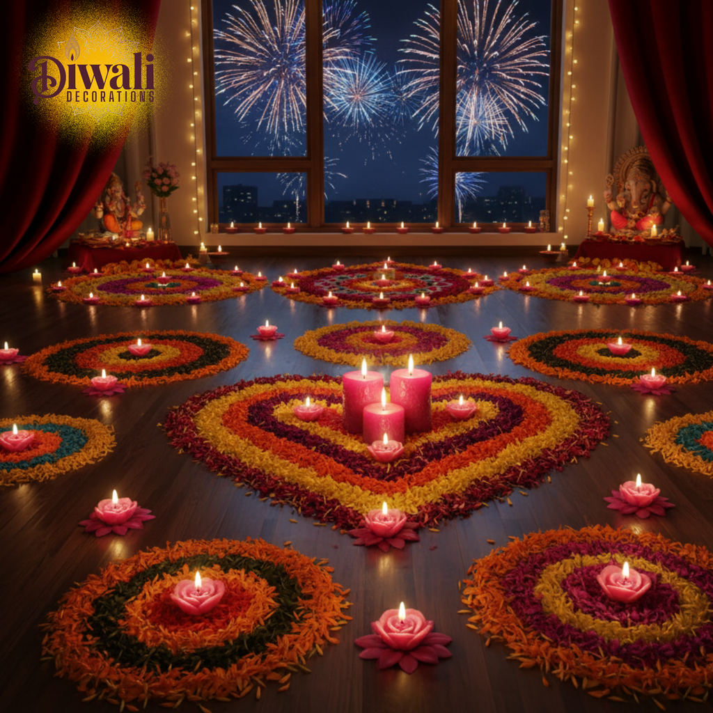 Diwali decorations with flower rangoli, candles, and fireworks in the background.