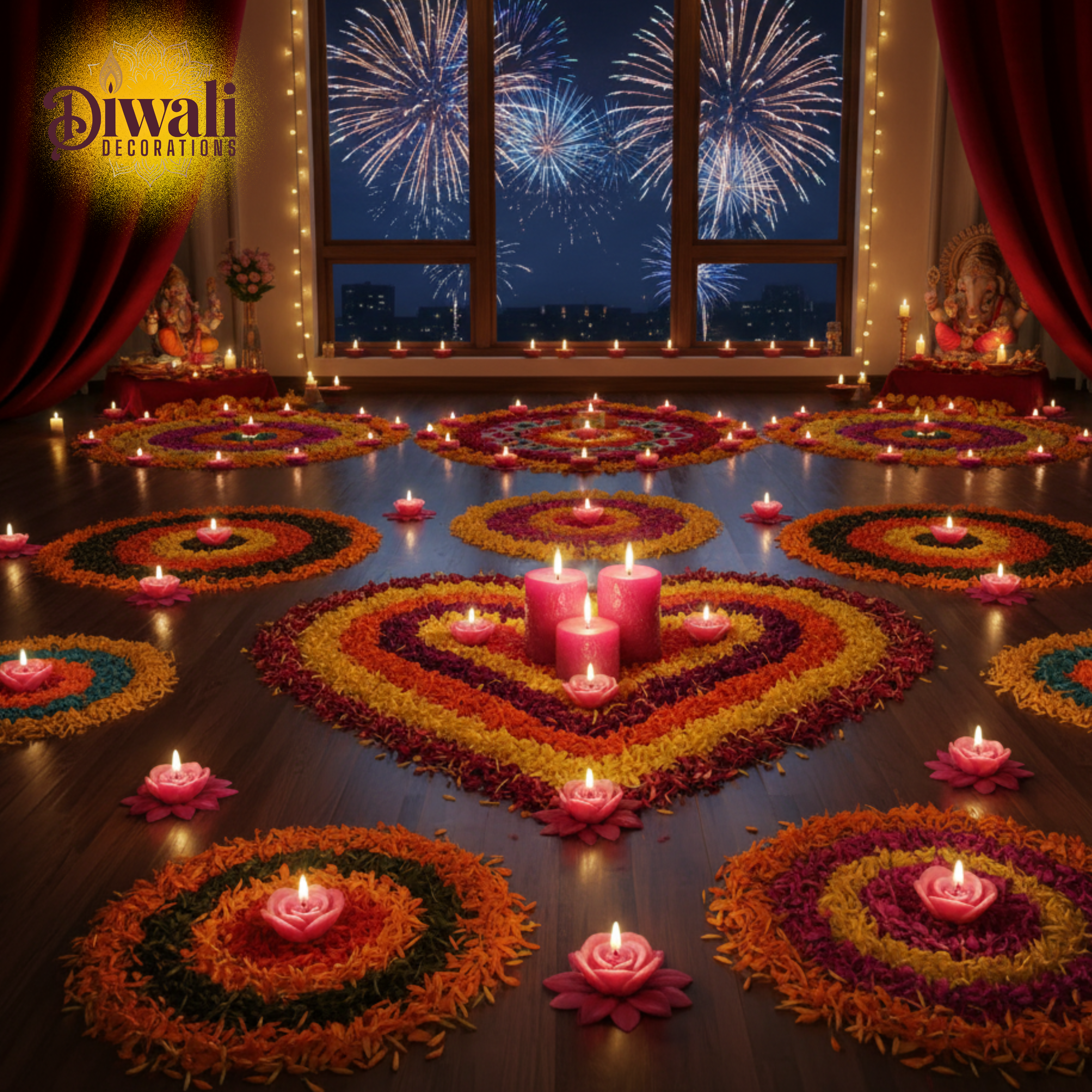 Diwali decorations with flower rangoli, candles, and fireworks in the background.