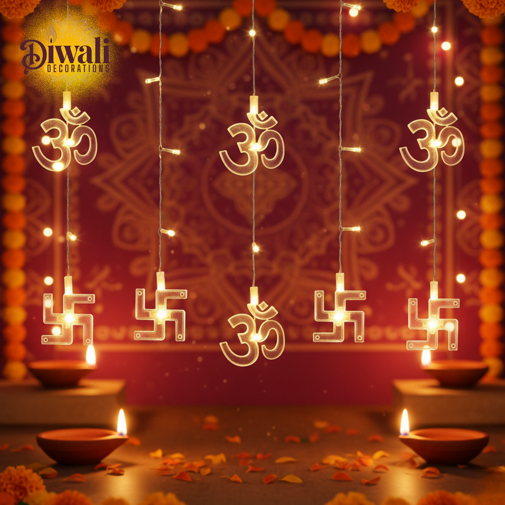 OM Swastik String Lights – 6 OM LED + 6 Swastik Curtains, Warm White- Diwali Decorations