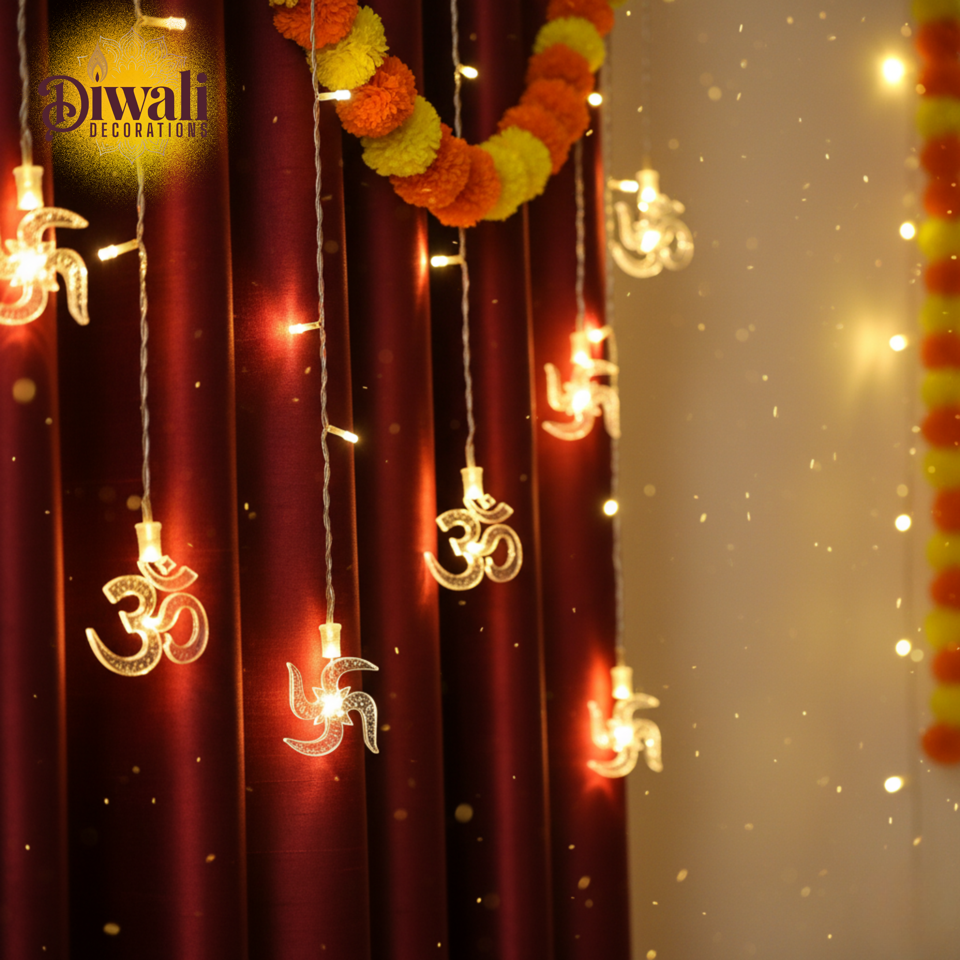 OM Swastik String Lights – 6 OM LED + 6 Swastik Curtains, Warm White- Diwali Decorations