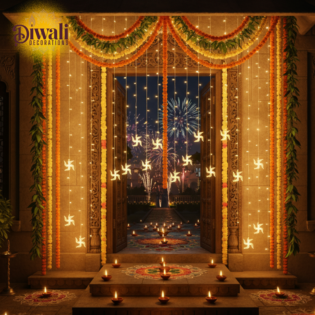 OM Swastik String Lights – 6 OM LED + 6 Swastik Curtains, Warm White- Diwali Decorations