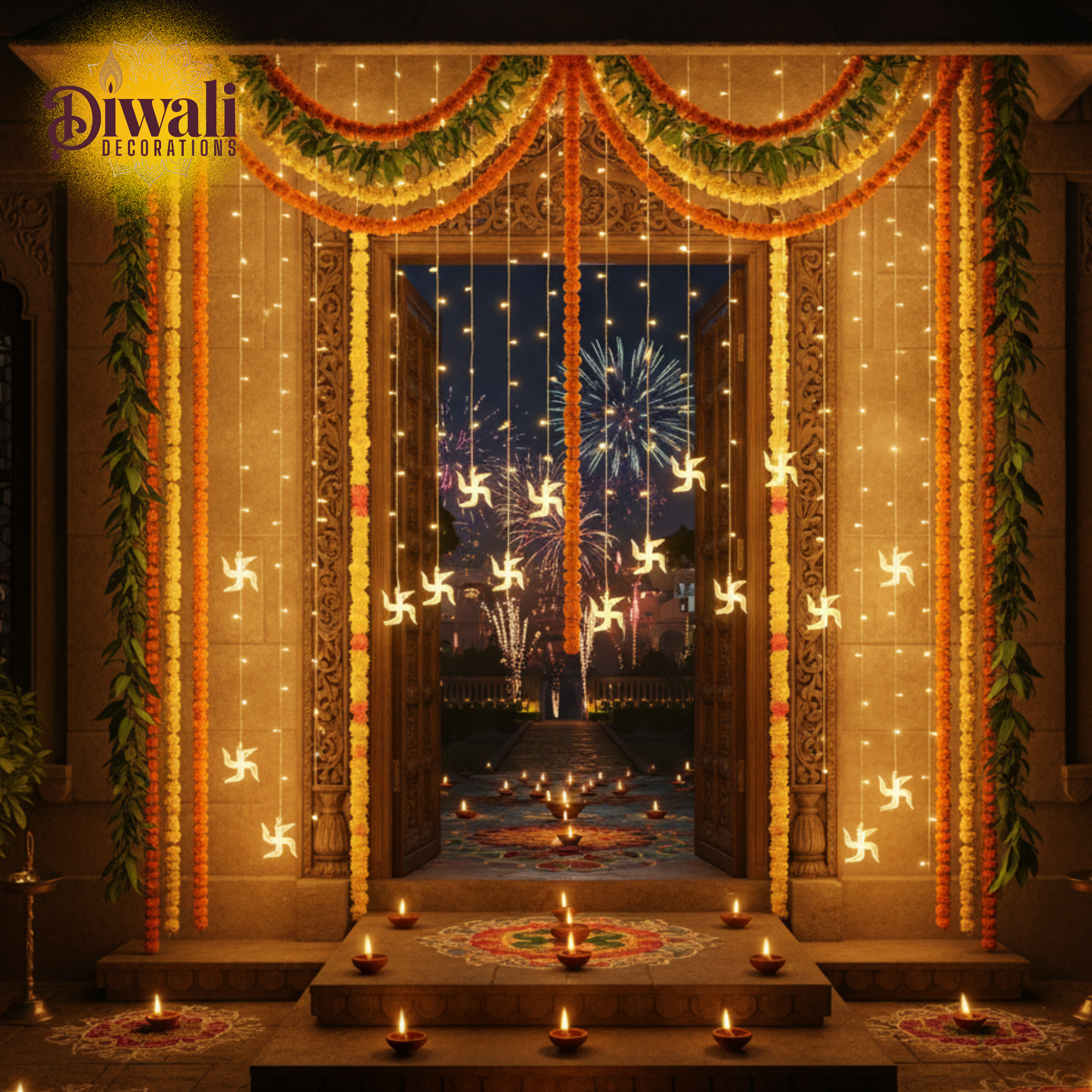 OM Swastik String Lights – 6 OM LED + 6 Swastik Curtains, Warm White- Diwali Decorations