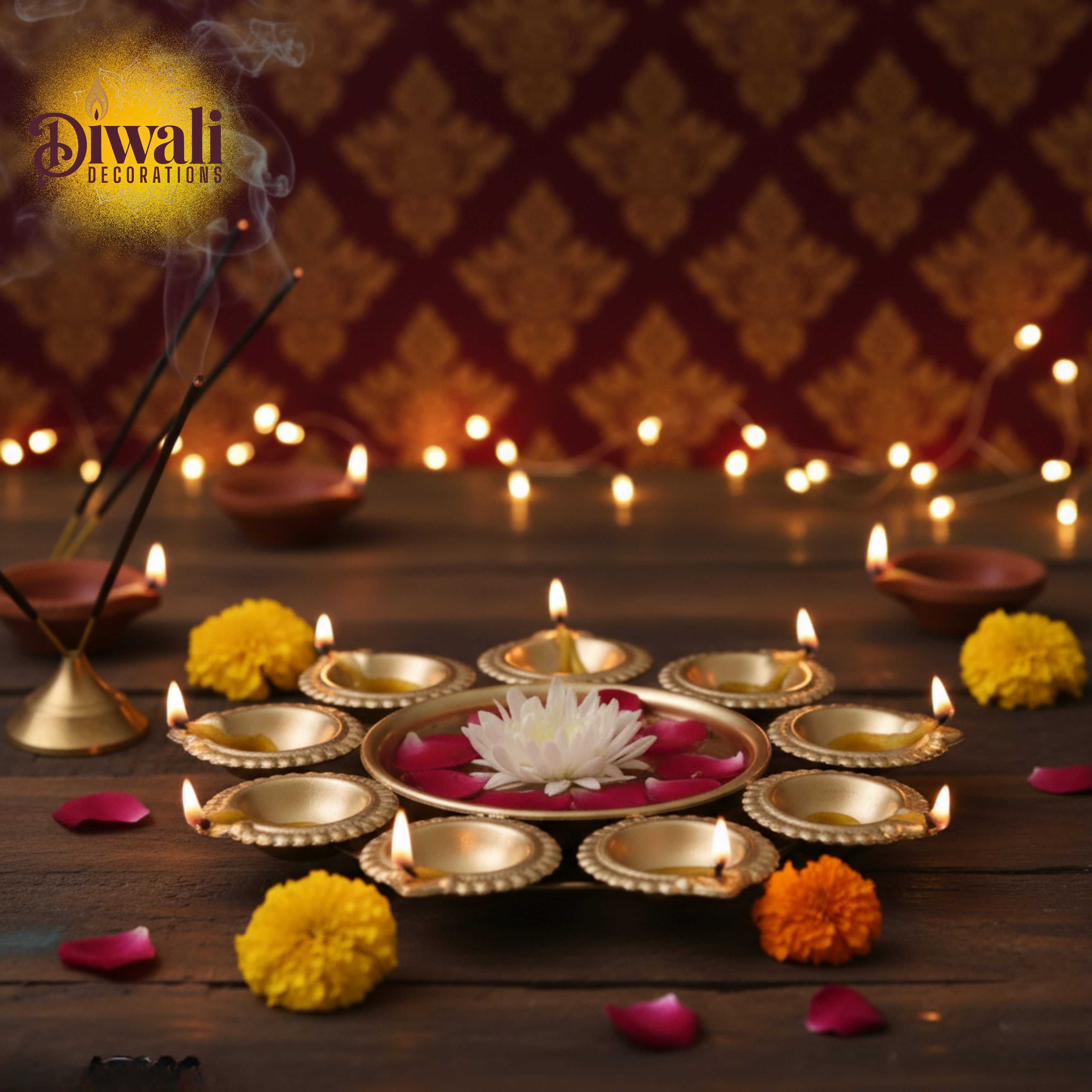 Grand Golden Metal Urli Bowl with 9 Integrated Tea Light Candle Holders — Essential Diwali Decorations