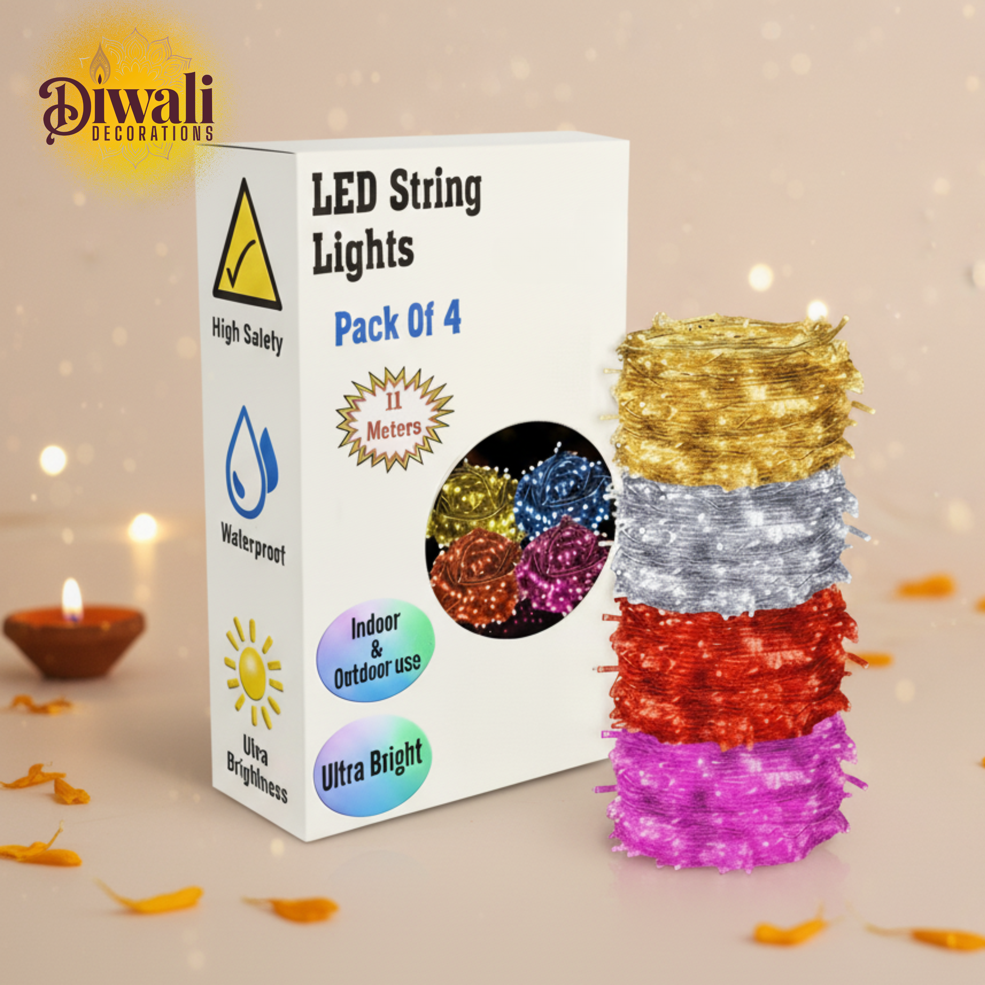 Set of 4 Multicolour LED String Lights - 36 Ft, 38 LED, Pink/White/Warm White/Blue - Diwali Decorations