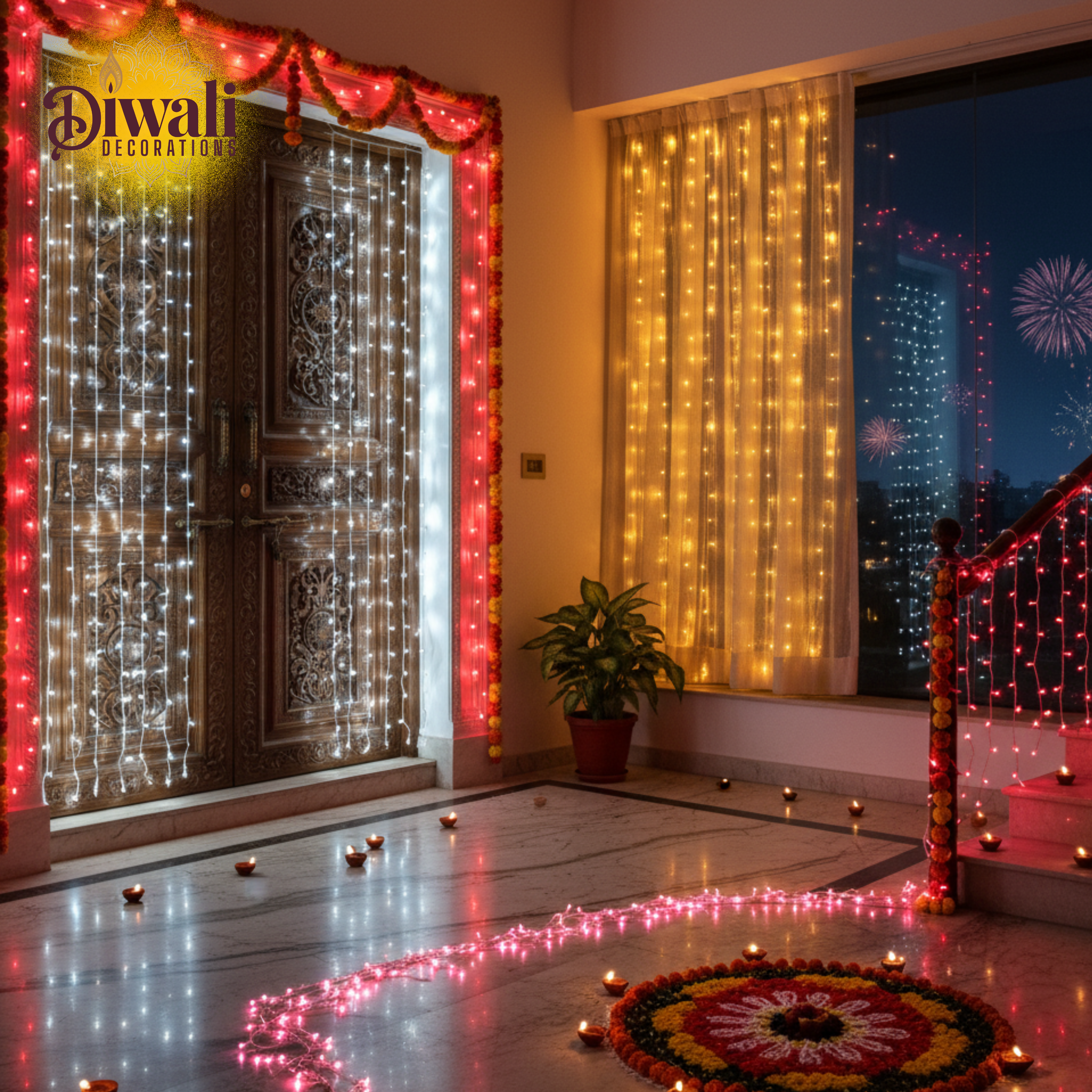 Set of 4 Multicolour LED String Lights - 36 Ft, 38 LED, Pink/White/Warm White/Blue - Diwali Decorations