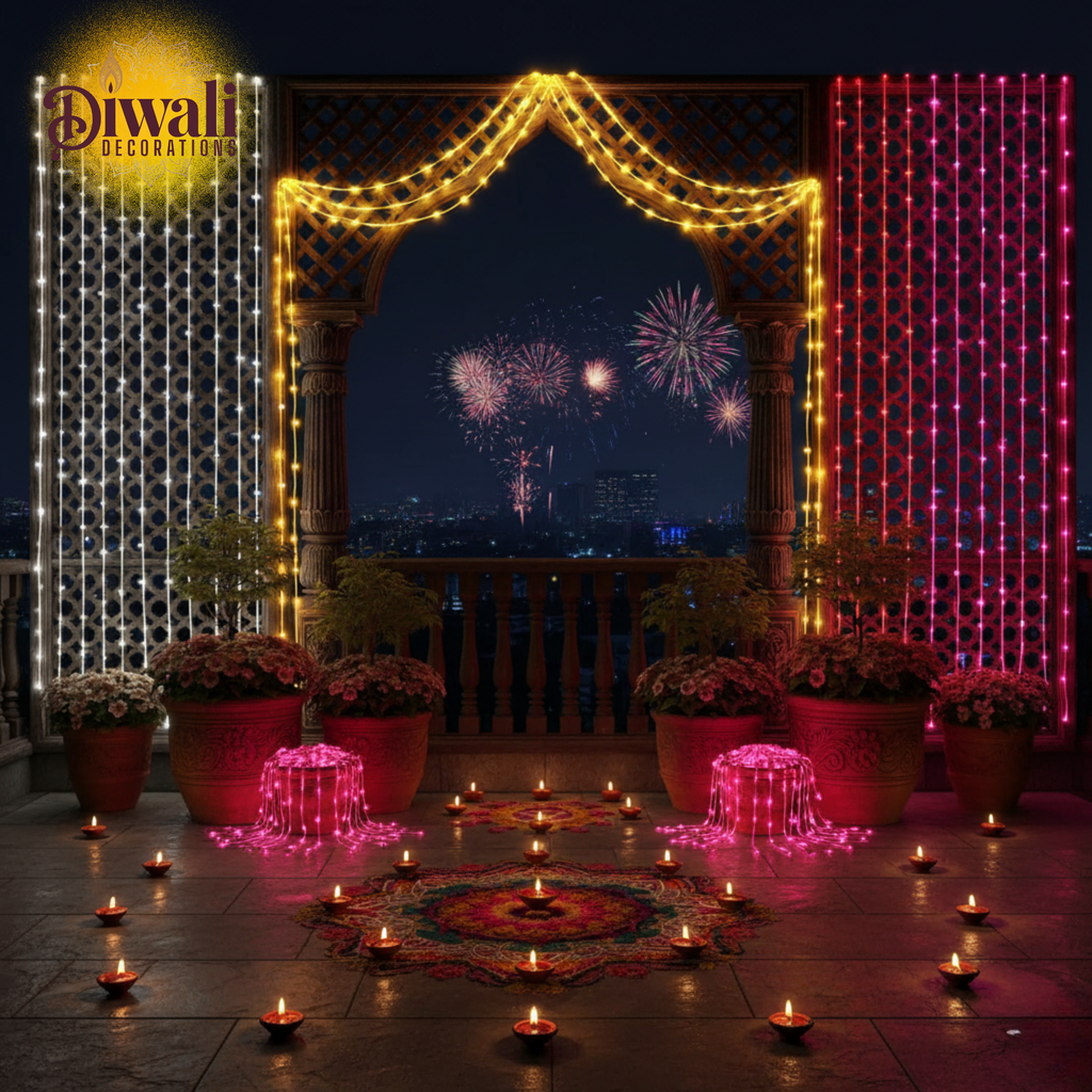 Set of 4 Multicolour LED String Lights - 36 Ft, 38 LED, Pink/White/Warm White/Blue - Diwali Decorations