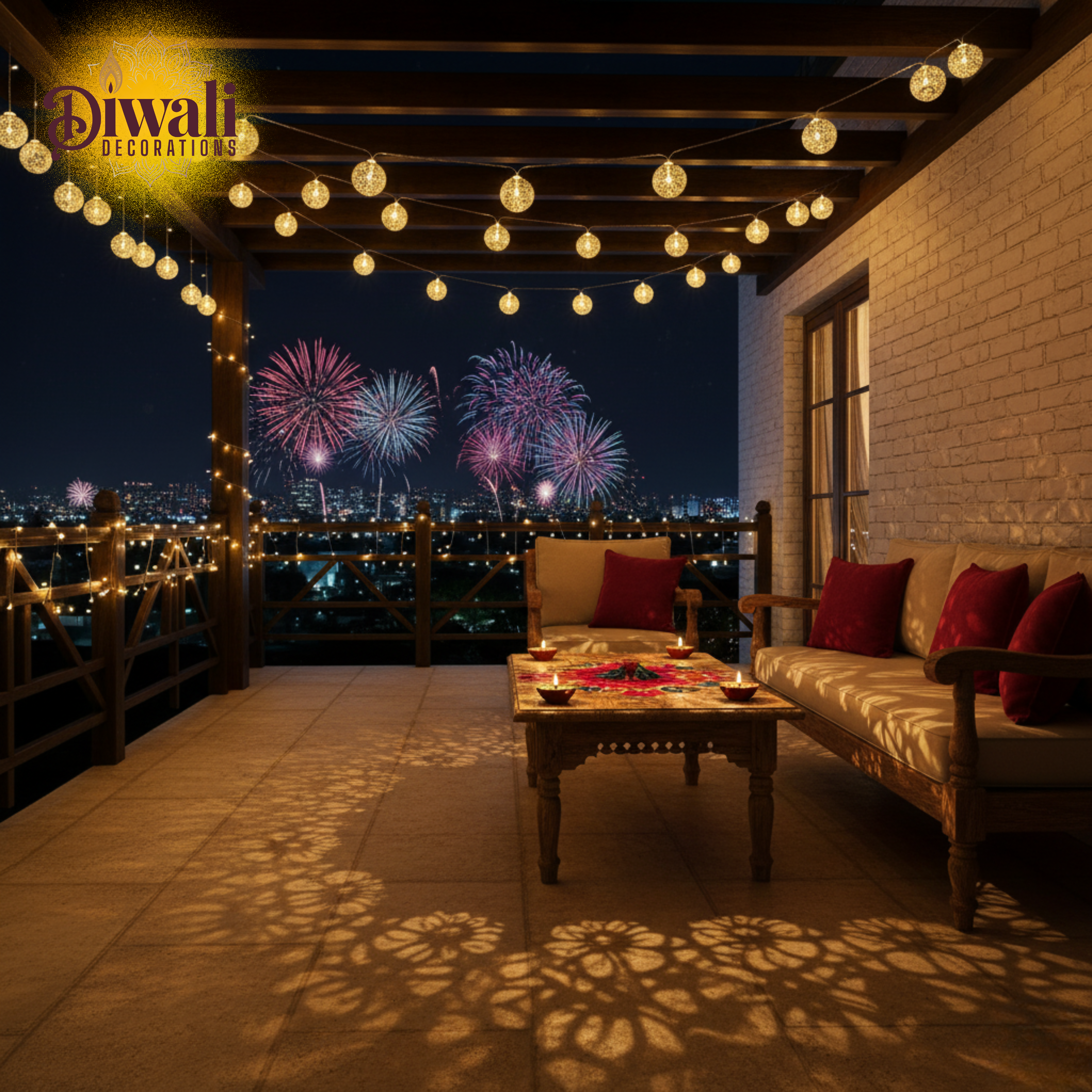 14LED 3M Moroccan Ball String Lights - Warm White, Gold - Diwali Decorations