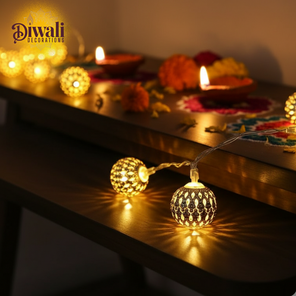14LED 3M Moroccan Ball String Lights - Warm White, Gold - Diwali Decorations