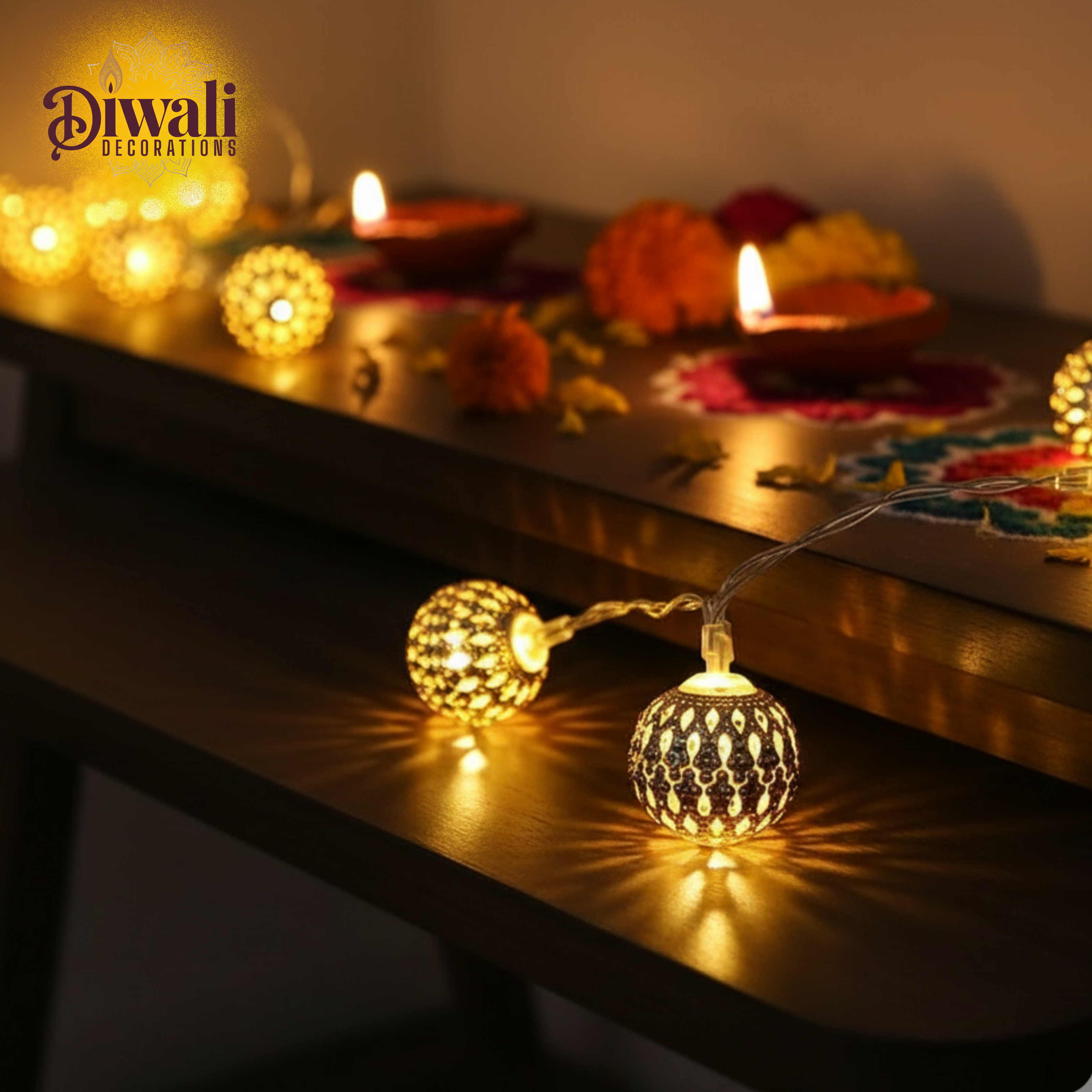 14LED 3M Moroccan Ball String Lights - Warm White, Gold - Diwali Decorations