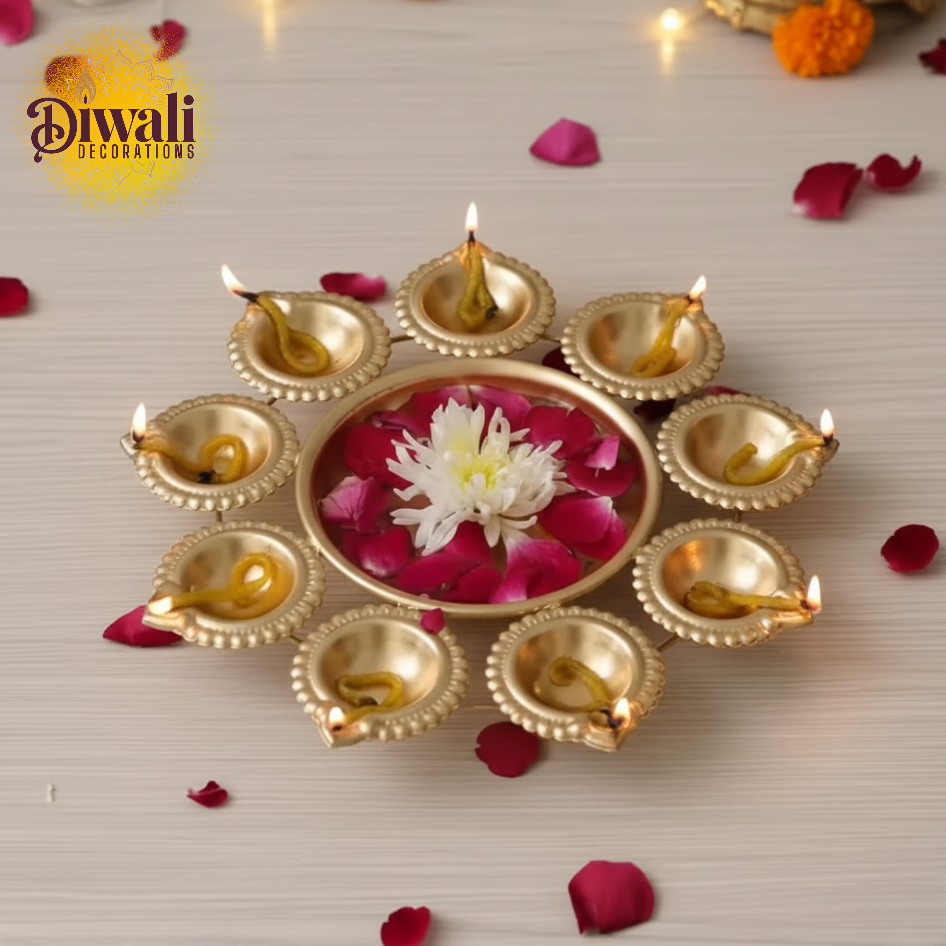 Grand Golden Metal Urli Bowl with 9 Integrated Tea Light Candle Holders — Essential Diwali Decorations