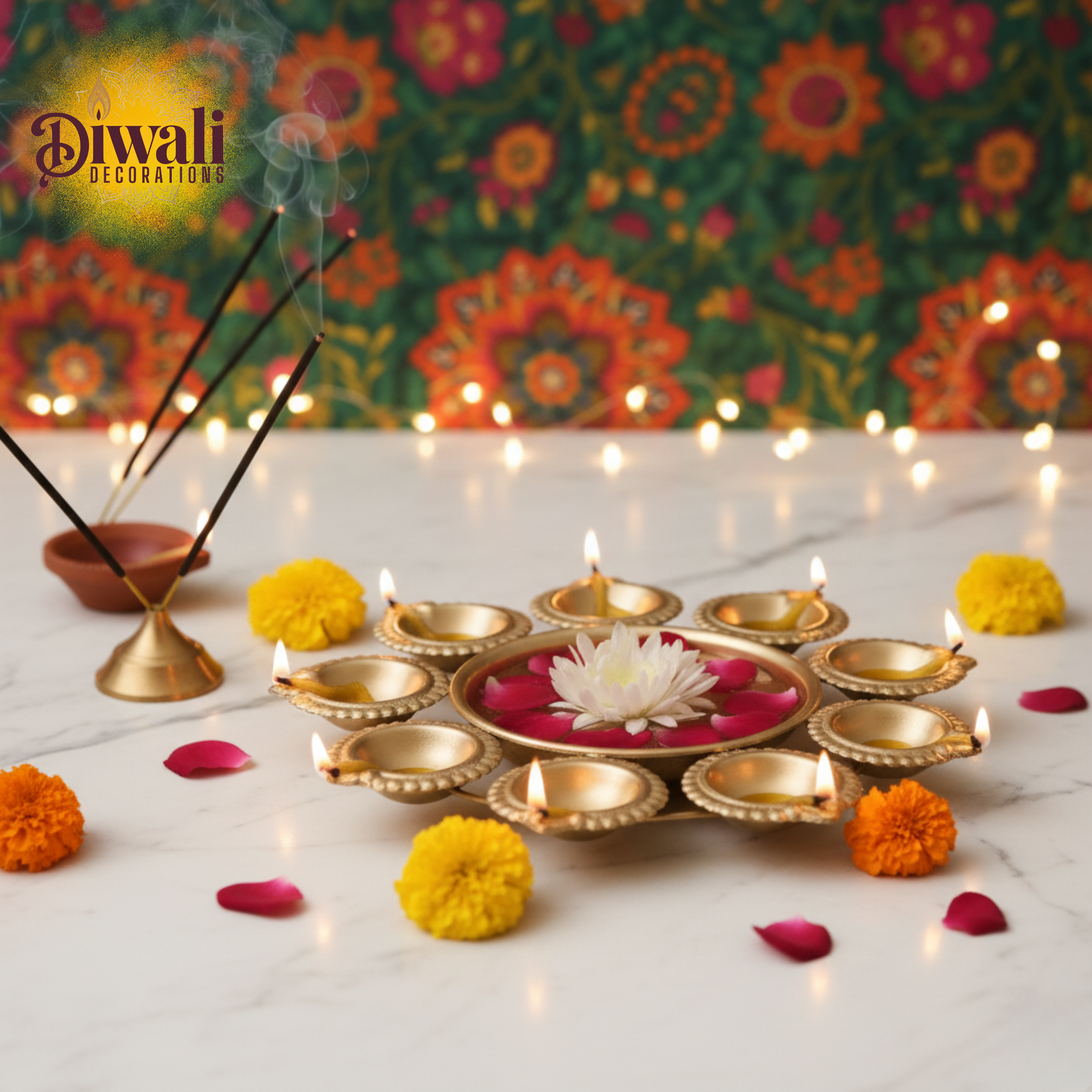 Grand Golden Metal Urli Bowl with 9 Integrated Tea Light Candle Holders — Essential Diwali Decorations