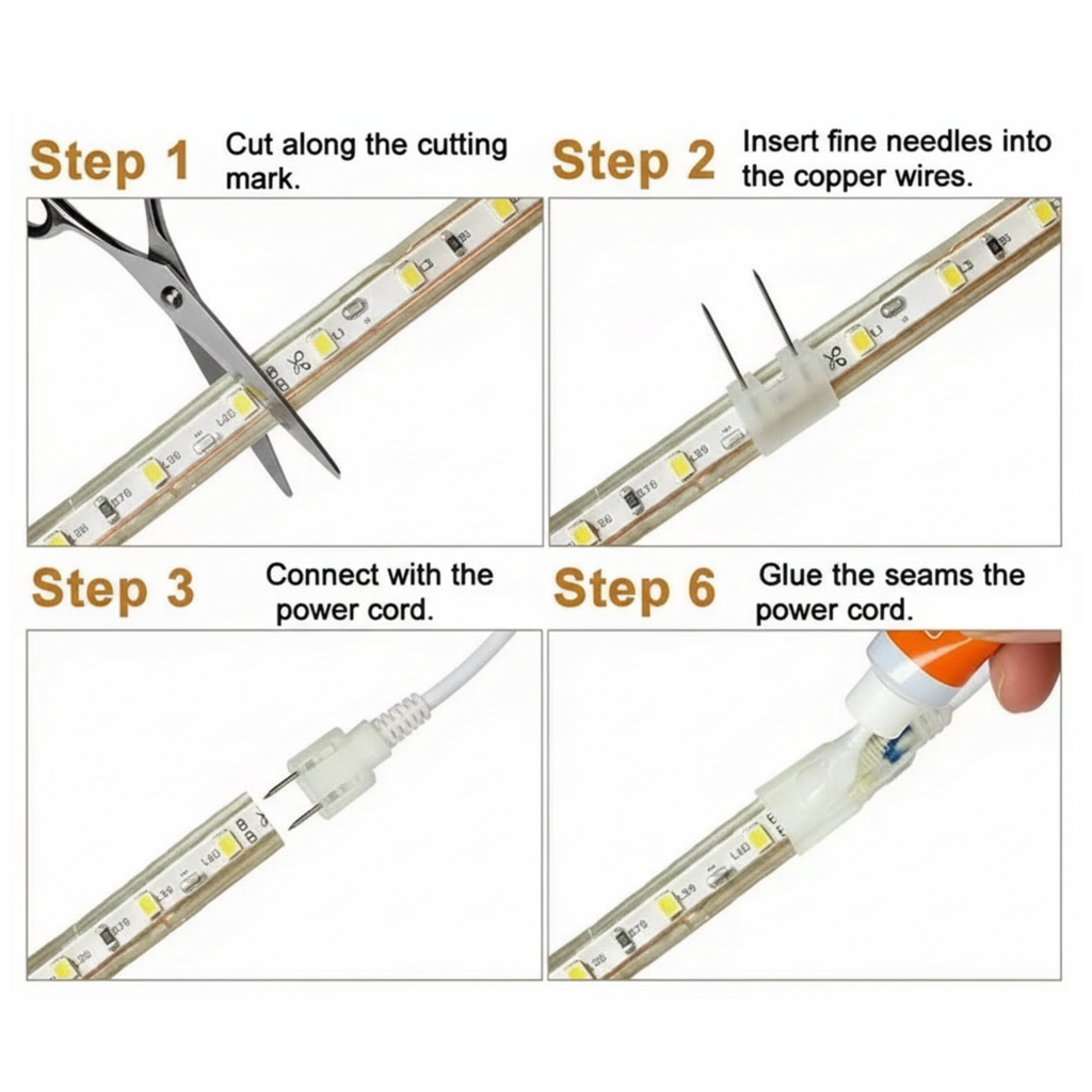 Step-by-step guide on how to install LED strip lights with images of tools and materials.