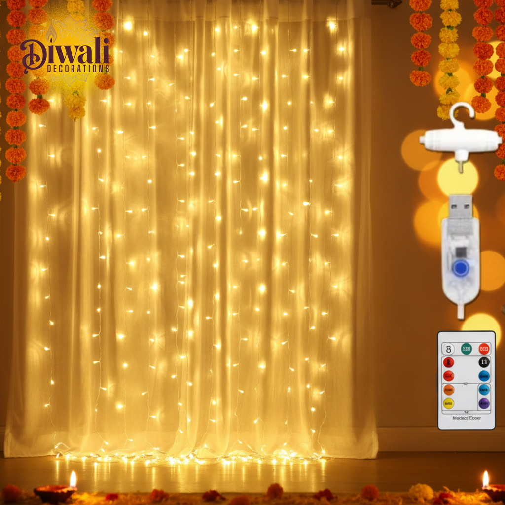 8 Modes Curtain Lights – 300 LEDs, 3 Meters, Warm White, Indoor/Outdoor - Diwali Decorations