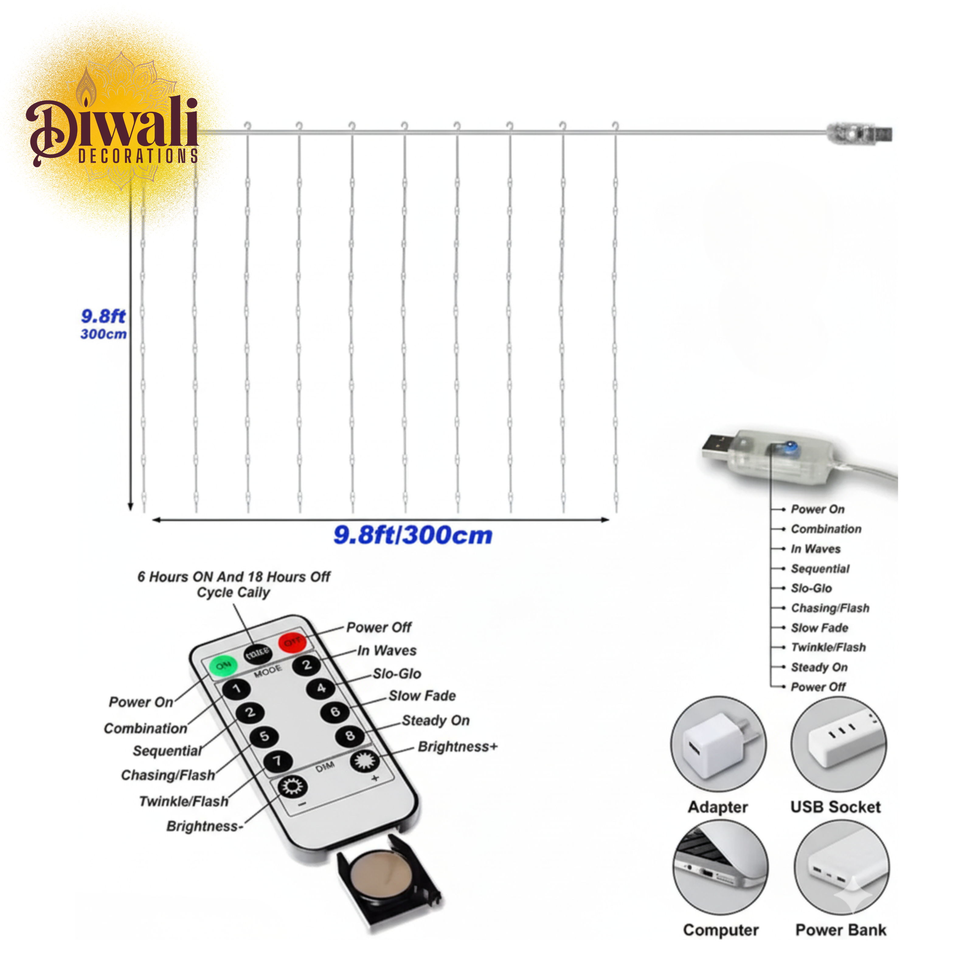 8 Modes Curtain Lights – 300 LEDs, 3 Meters, Warm White, Indoor/Outdoor - Diwali Decorations
