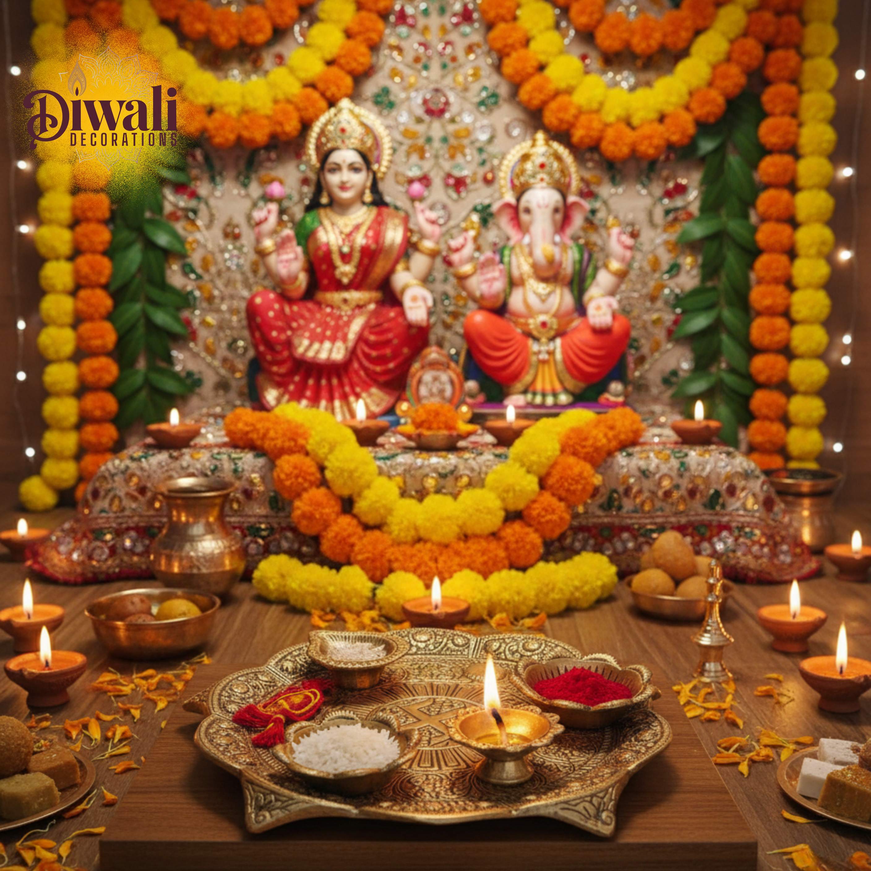 Decorative Diwali setup with神像, flowers, and candles on a table.