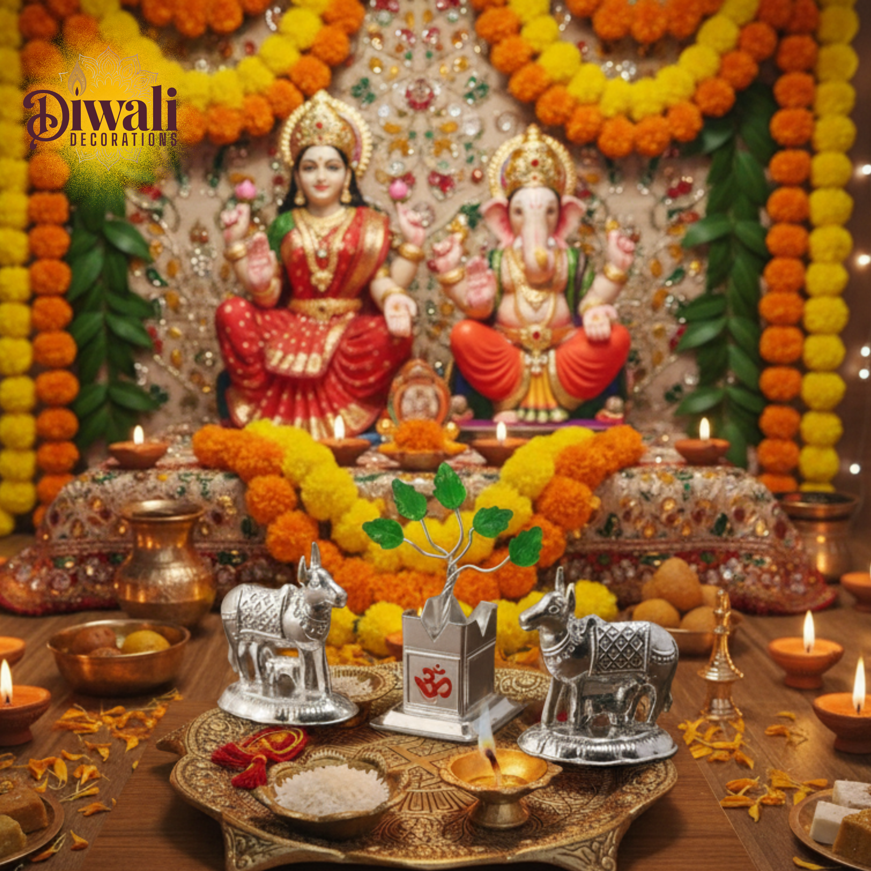 Decorative setup with cows, flowers, and candles for Diwali celebrations.
