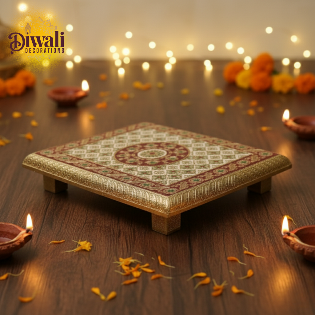 Decorative plate with intricate patterns on a wooden surface with Diwali decorations.
