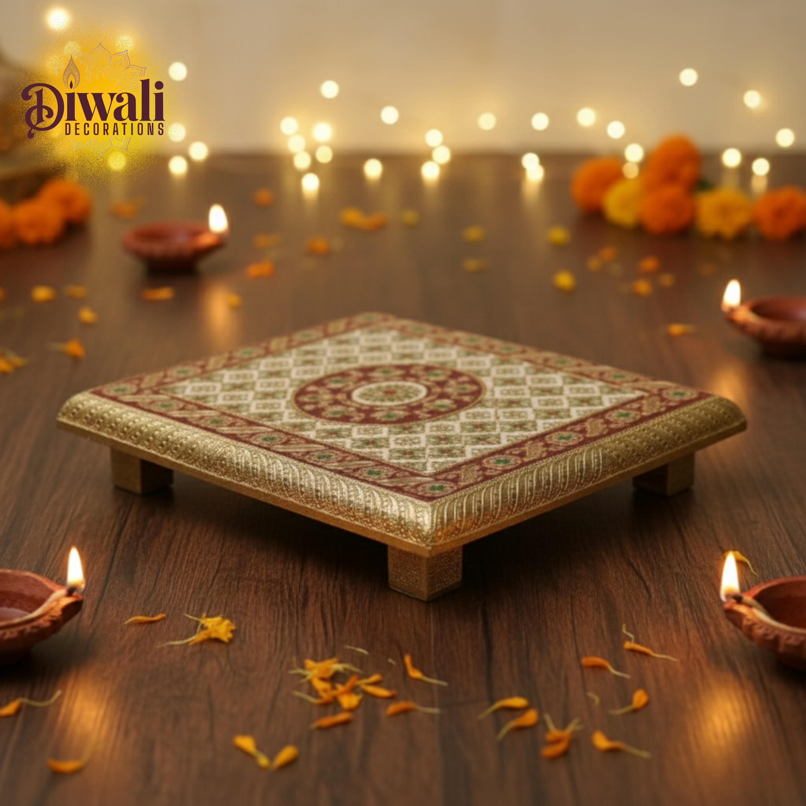 Decorative plate with intricate patterns on a wooden surface with Diwali decorations.