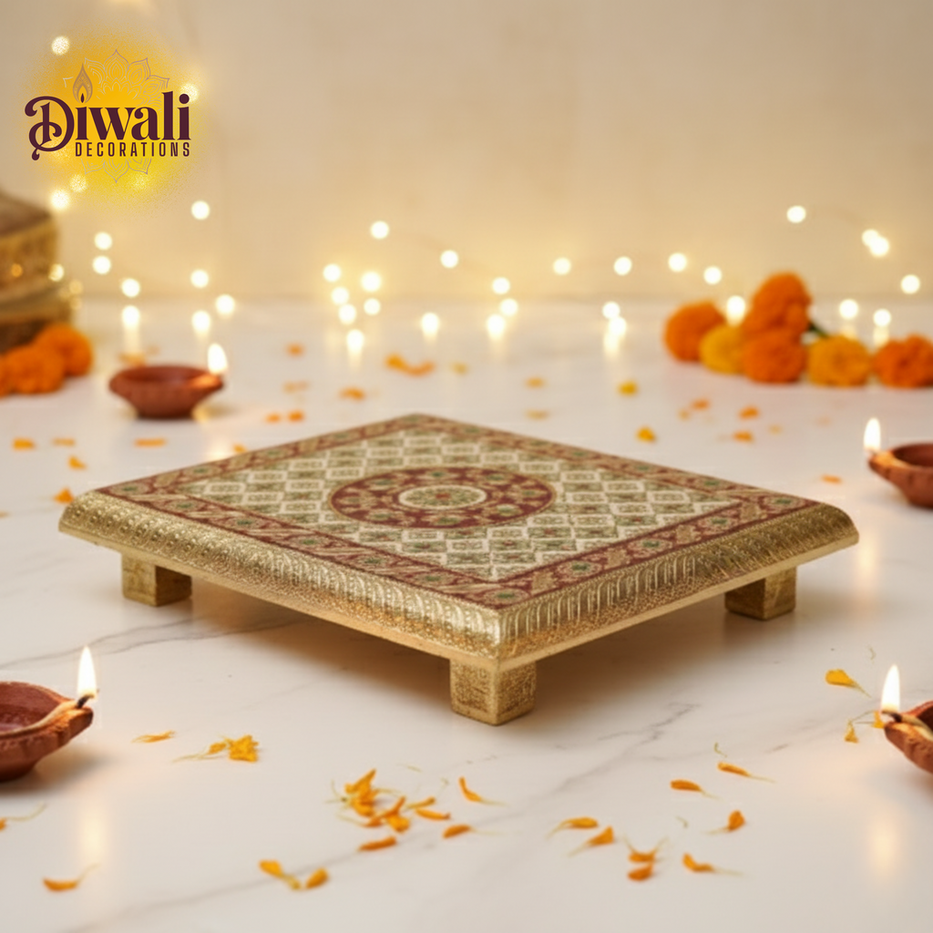 Decorative platform with Diwali decorations including lights, candles, and flowers on a white background.