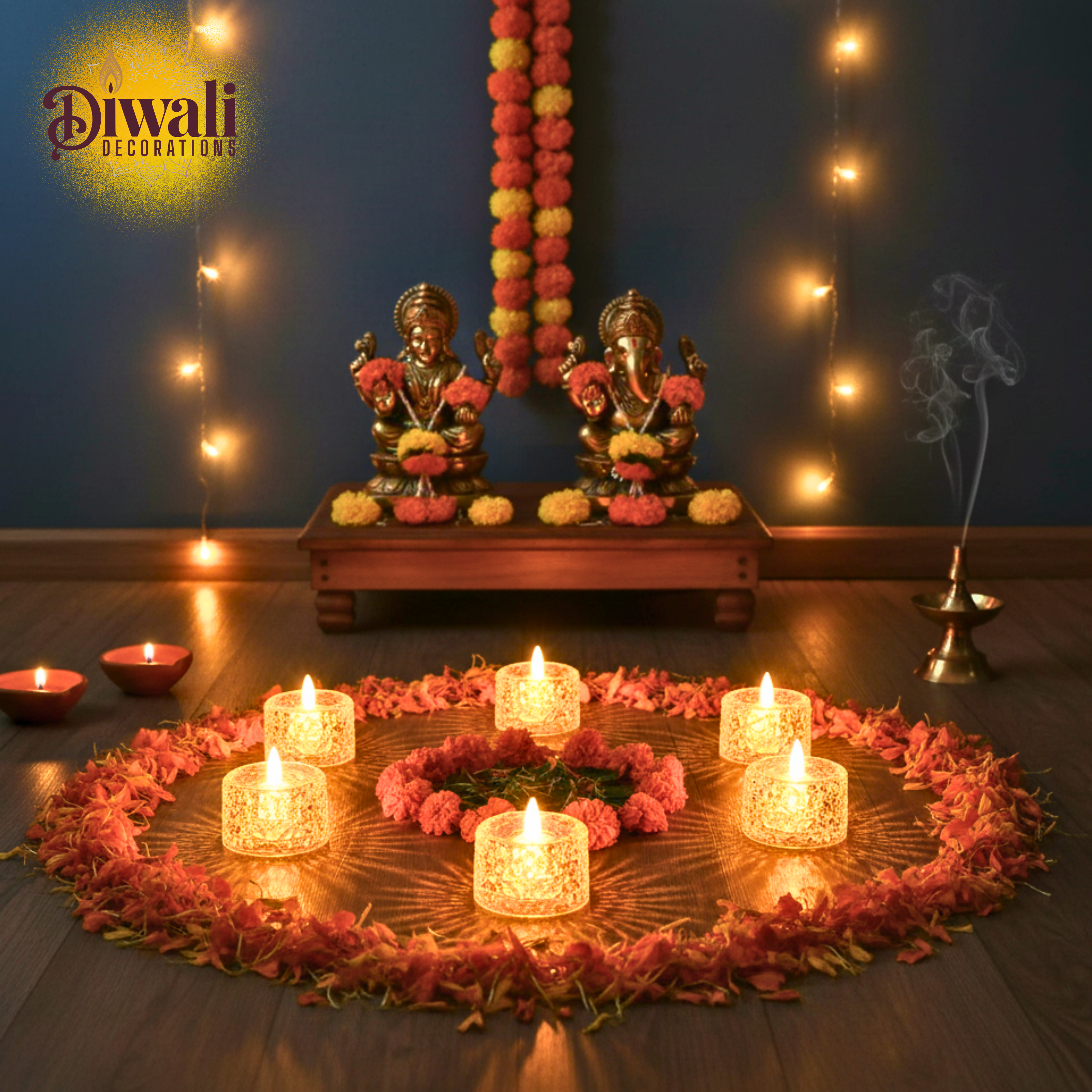 Diwali decorations with candles, flowers on a wooden floor.