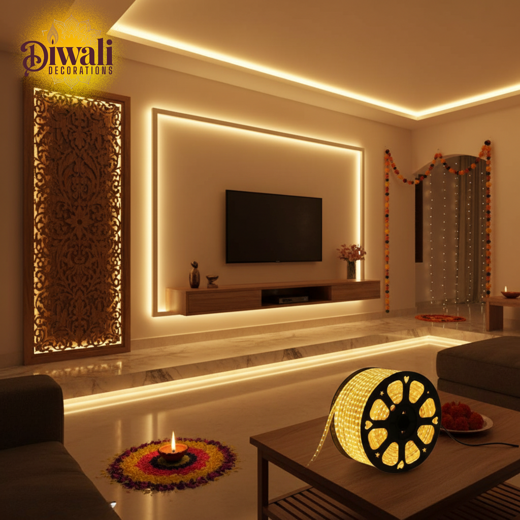 Living room decorated for Diwali with lights, candles, and decorative items.