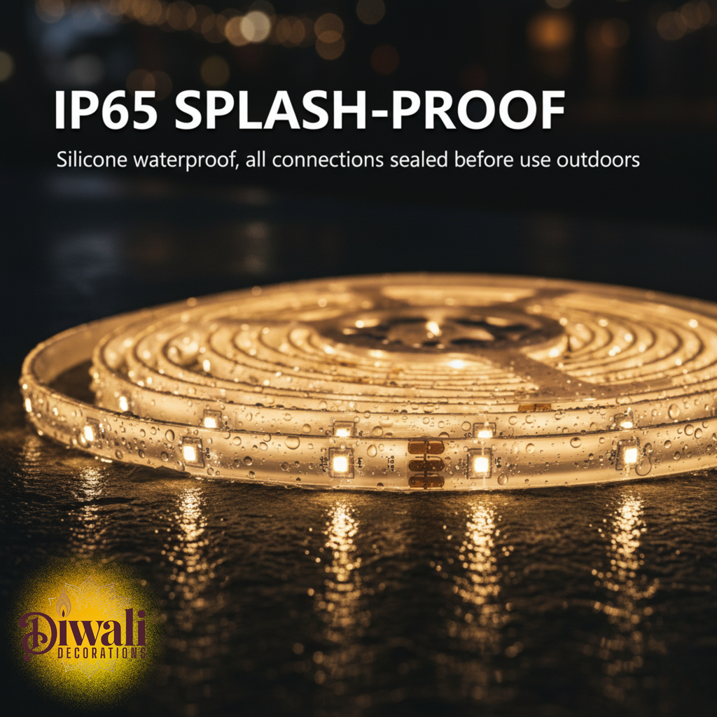IP65 splash-proof LED strip light with water droplets on a dark background, featuring the Diwali Decorations brand.